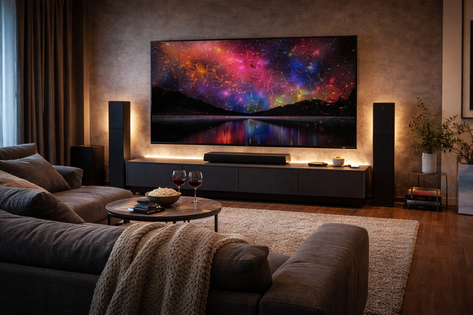 65 inch 4K OLED TV mounted on a modern UK living room wall with cinematic galaxy scene, soundbar and home cinema setup