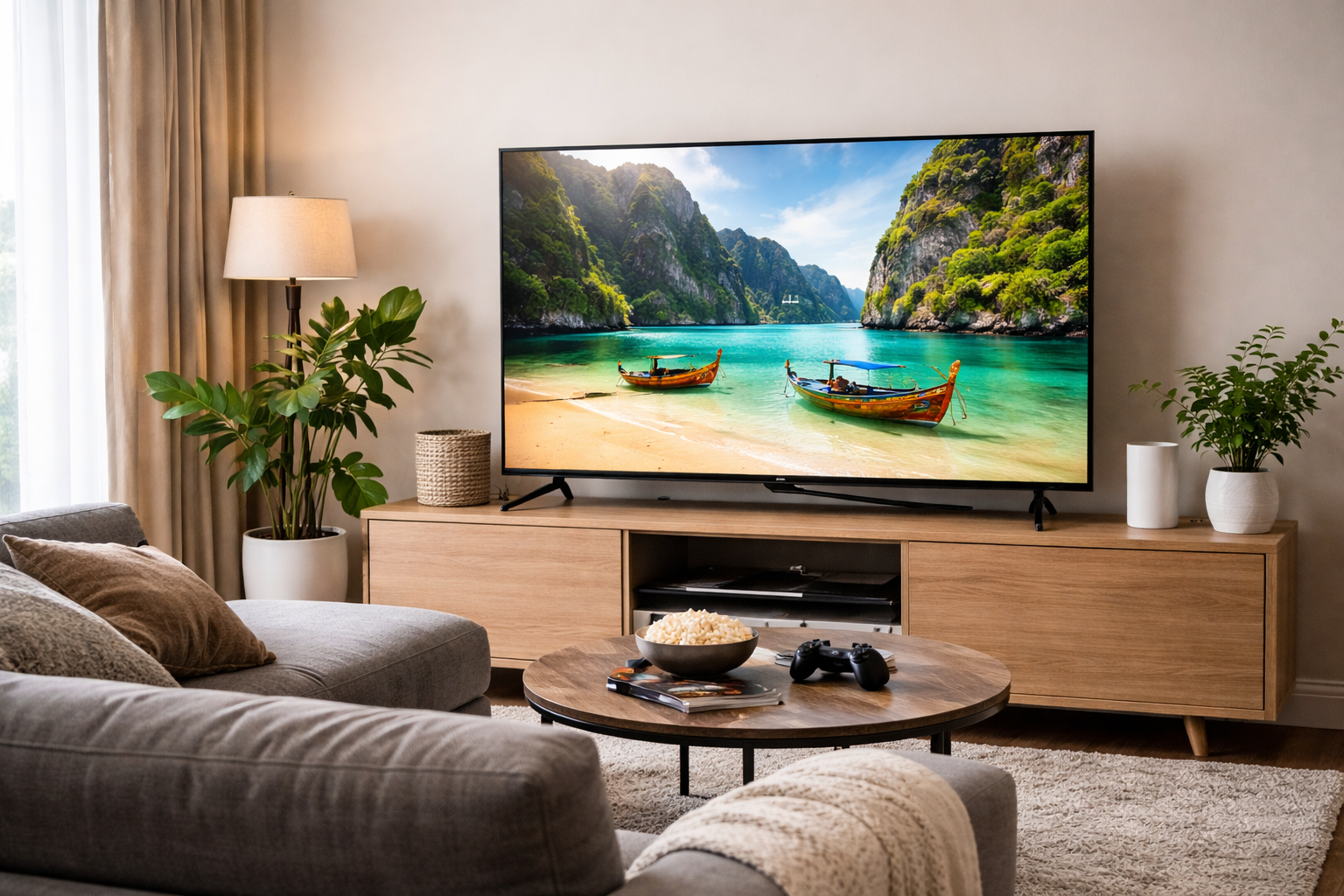 50 inch 4K smart TV on wooden stand in modern UK living room displaying bright beach scene with sofa, coffee table and gaming controller visible