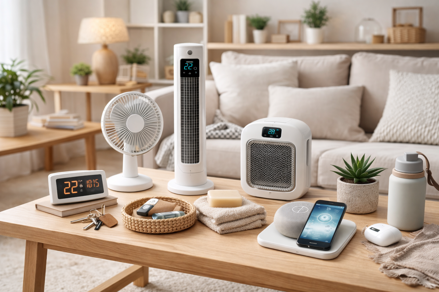 Everyday home essentials arranged on a wooden table in a modern UK living room