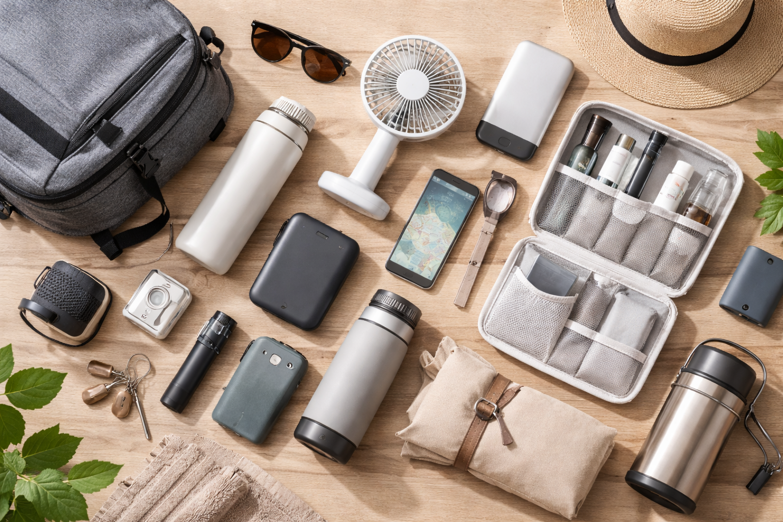 Travel and outdoor essentials neatly arranged on a wooden surface for UK trips
