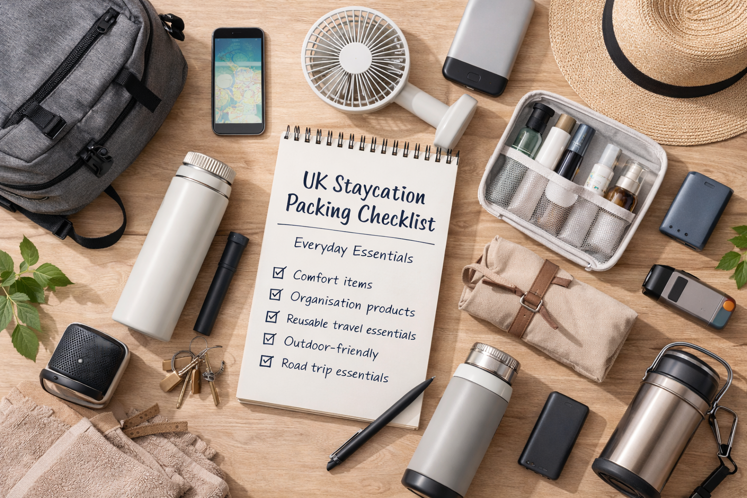 UK staycation travel essentials arranged with a packing checklist on a wooden surface