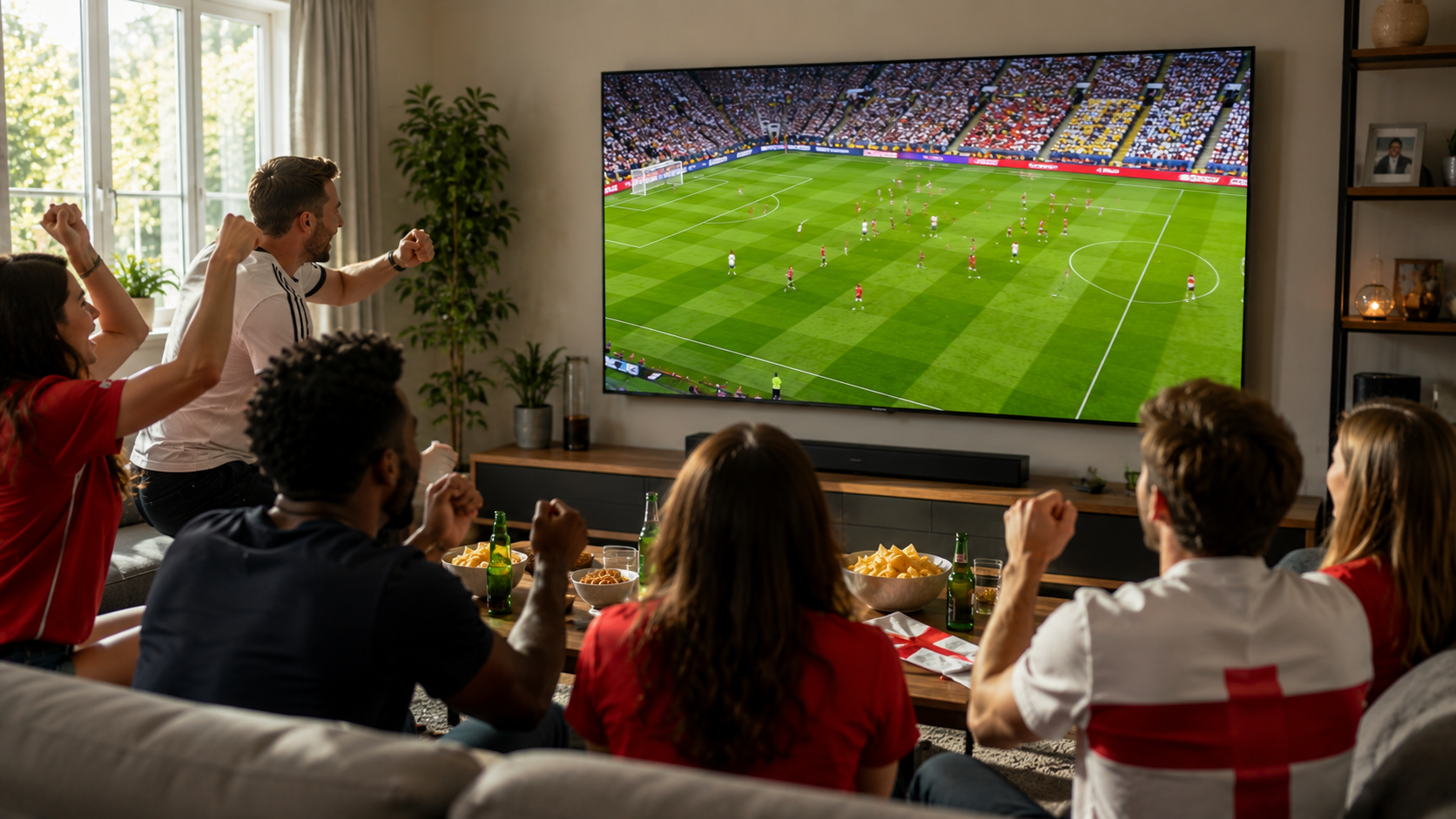 A large 4K Smart TV displaying a vibrant FIFA World Cup football match in a UK living room with fans watching together on a sofa