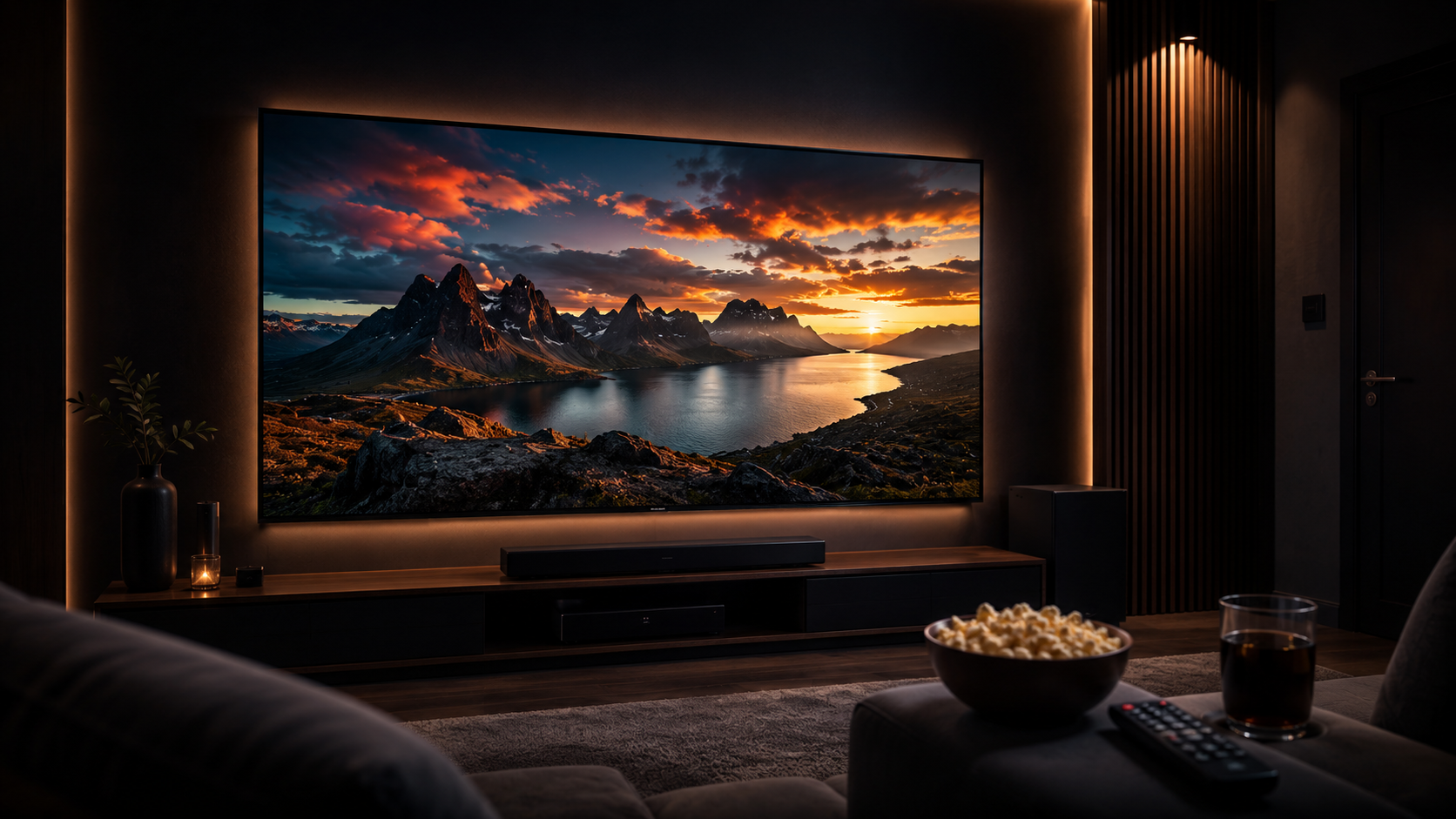  A large OLED television displaying a cinematic widescreen film in a darkened UK home cinema room with ambient backlighting and a sofa in the foreground