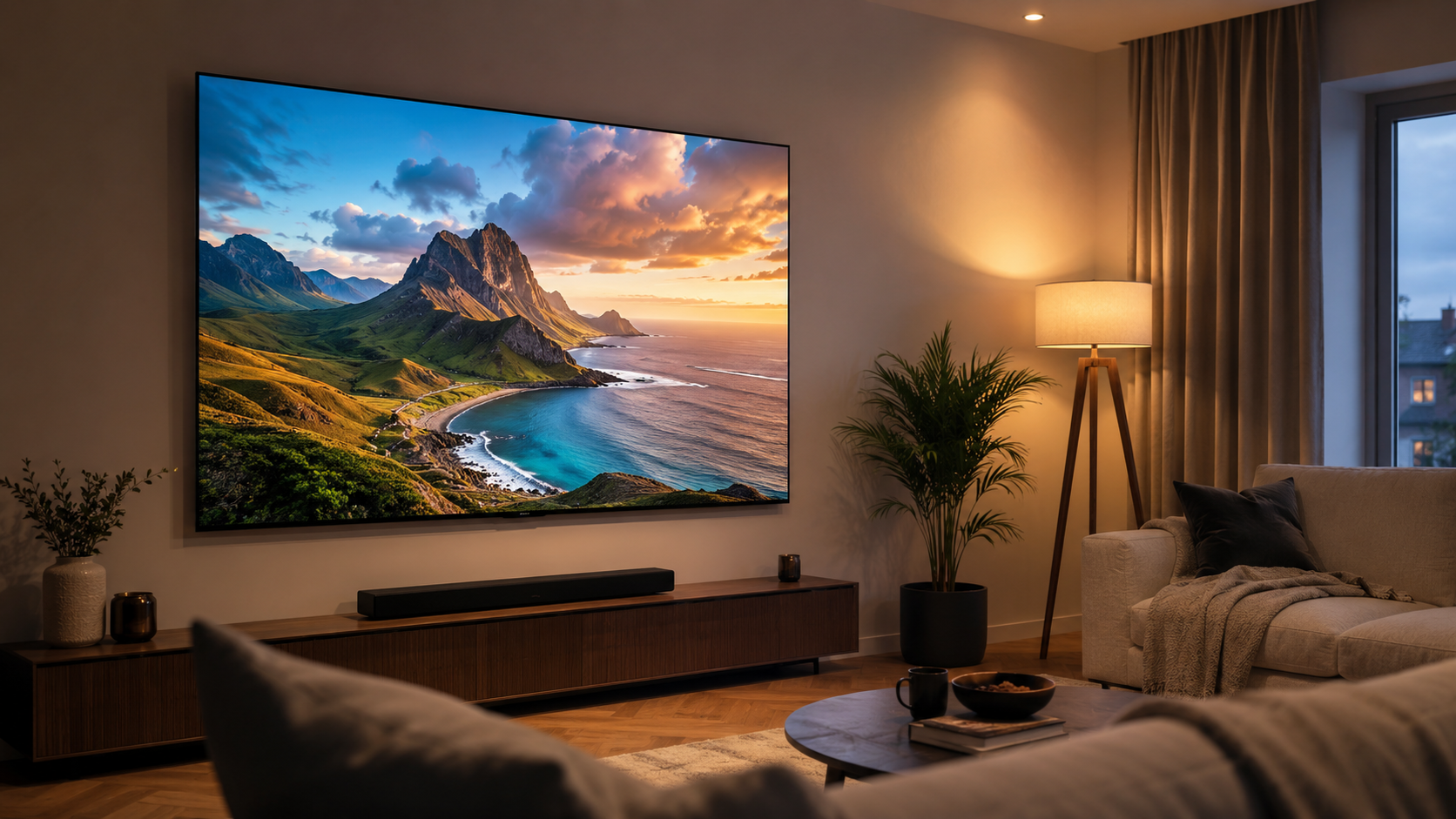 A large OLED Smart TV mounted on a living room wall displaying a 4K HDR landscape, representing the best Smart TVs available in the UK in 2026