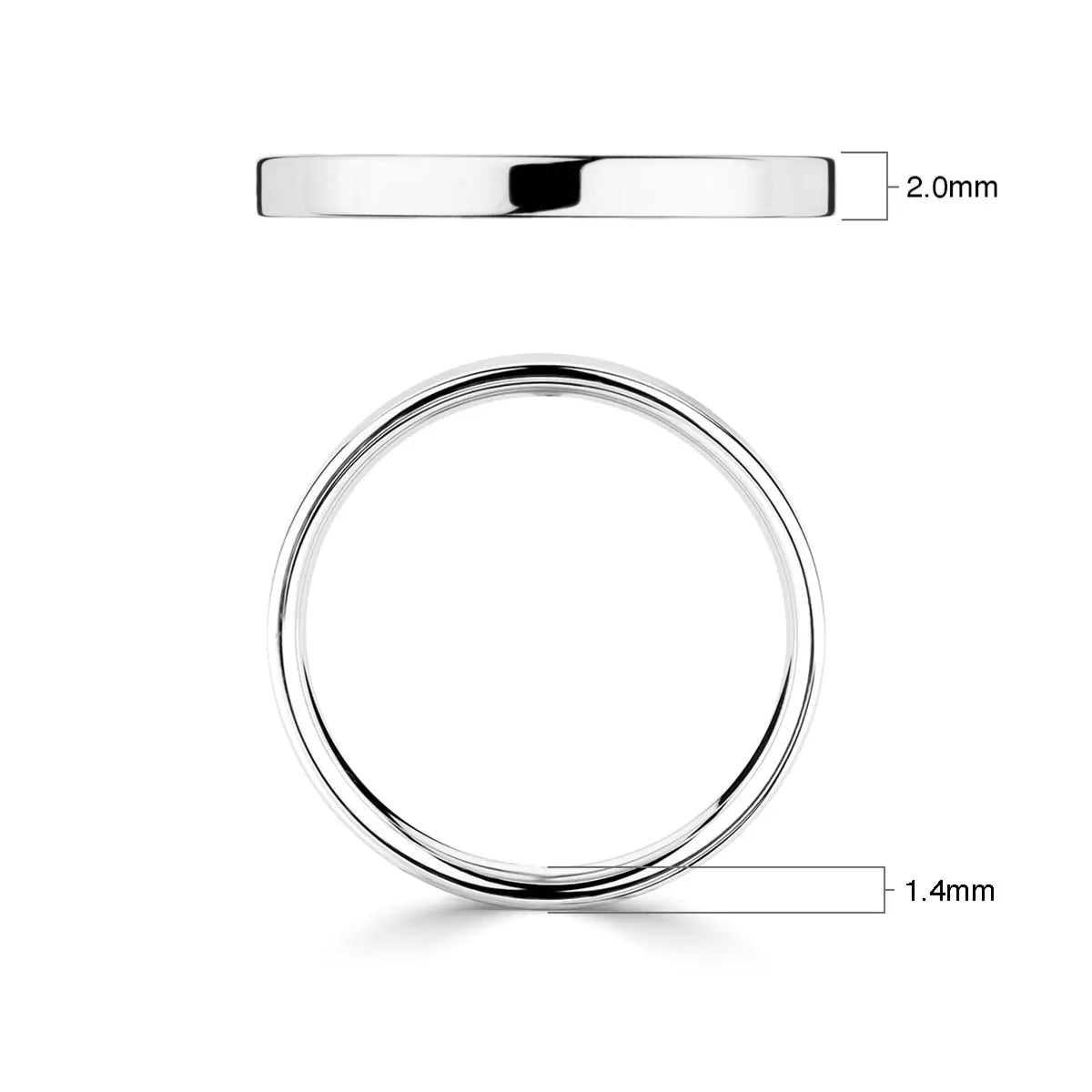 2.0mm Classic Flat Court Wedding Ring, 18ct White Gold