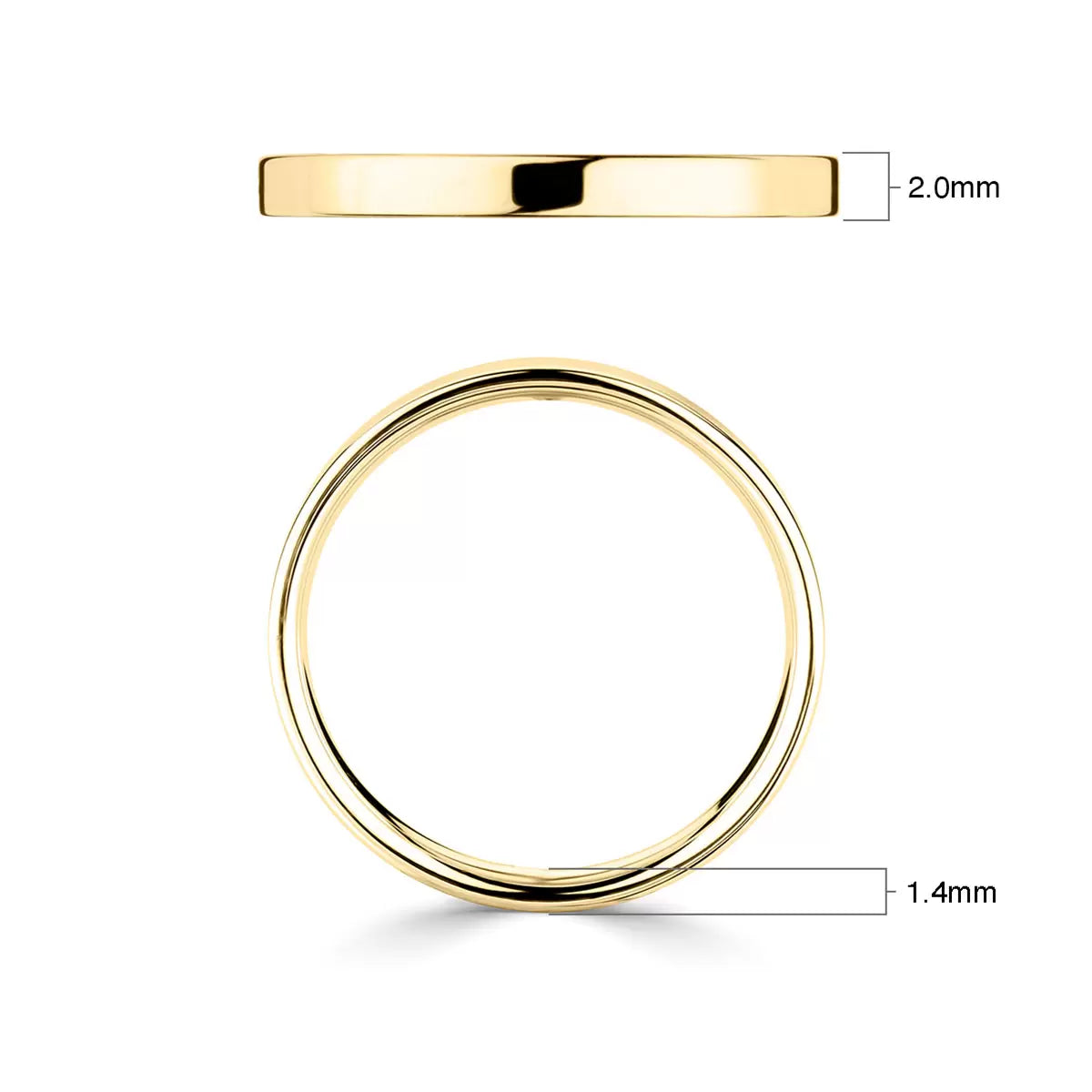 2.0mm Classic Flat Court Wedding Ring, 18ct Yellow Gold