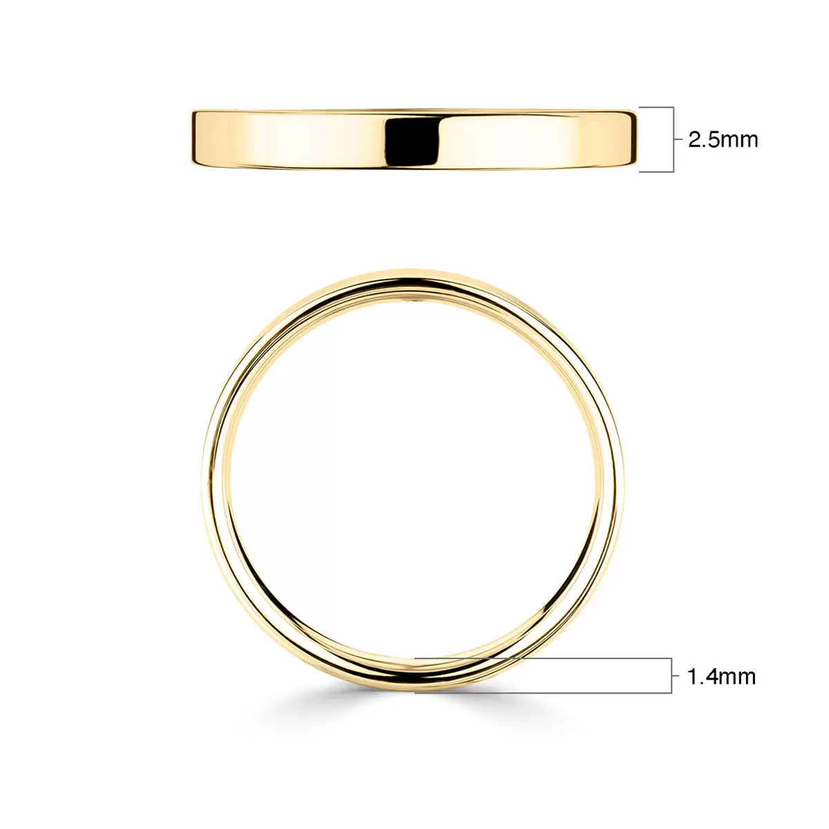 2.5mm Classic Flat Court Wedding Ring, 18ct Yellow Gold
