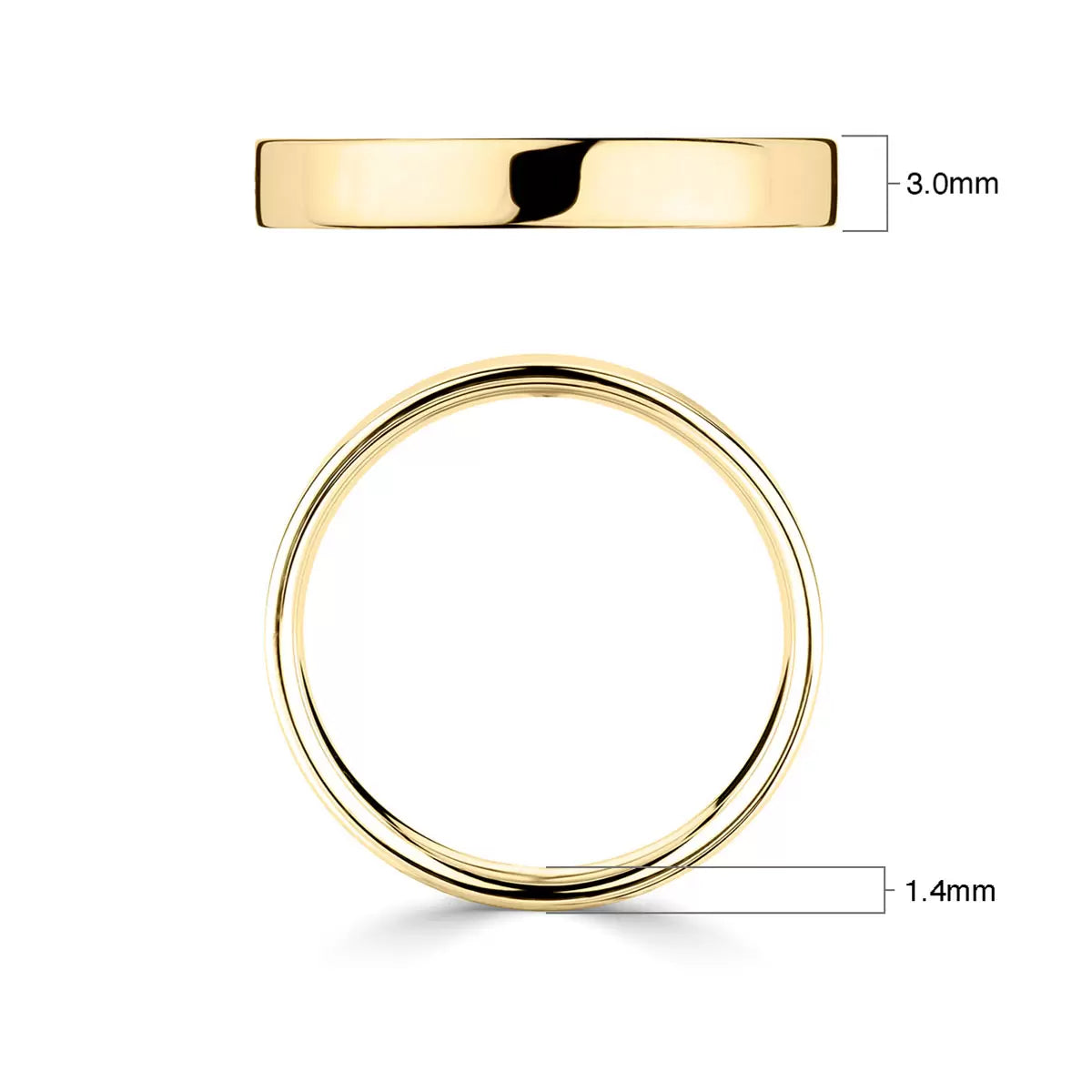 3.0mm Classic Flat Court Wedding Ring, 18ct Yellow Gold