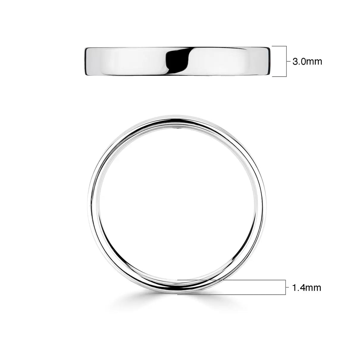 3.0mm Classic Flat Court Wedding Ring, 18ct White Gold