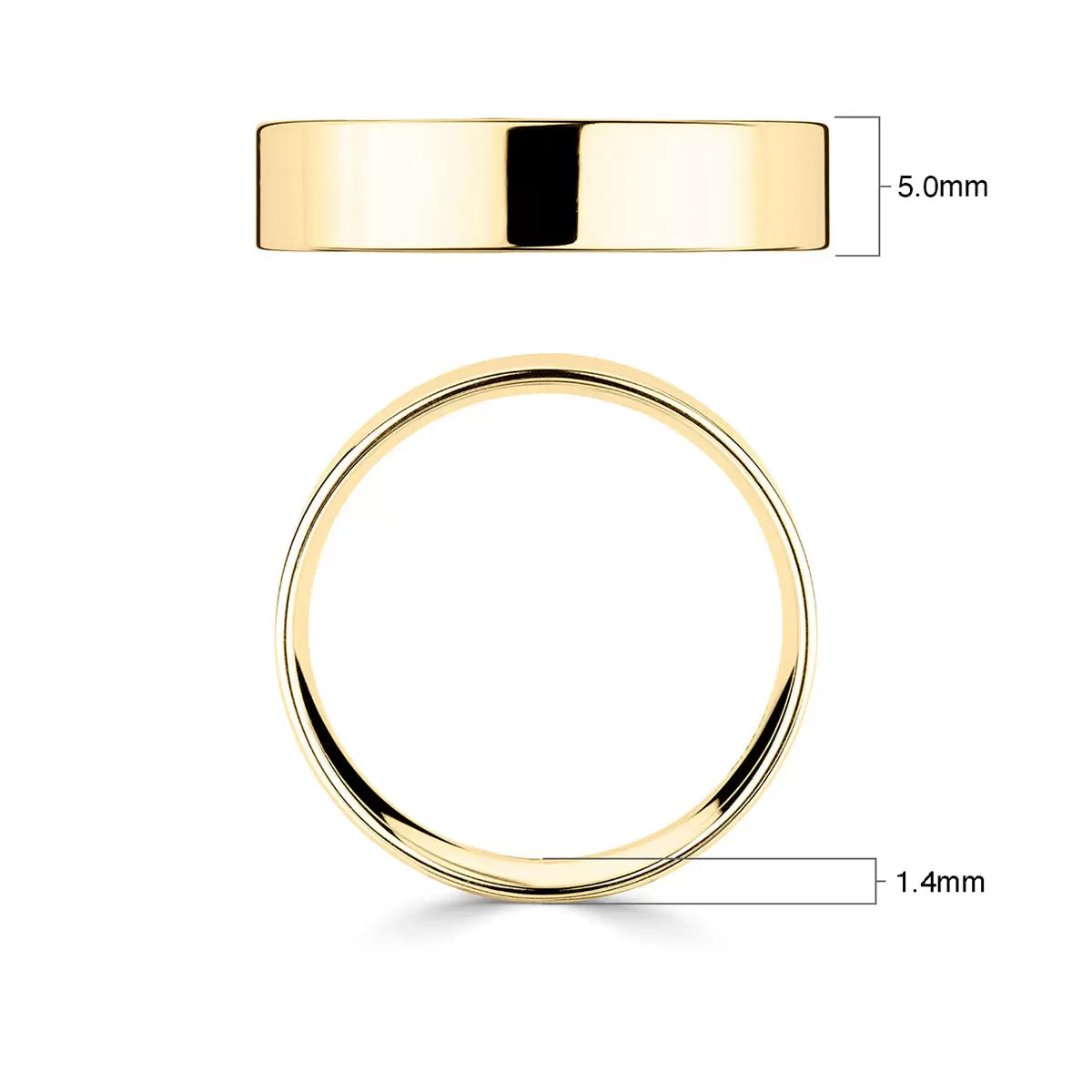 5.0mm Classic Flat Court Wedding Ring, 18ct Yellow Gold