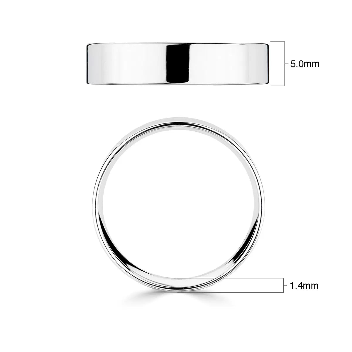 5.0mm Classic Flat Court Wedding Ring, 18ct White Gold