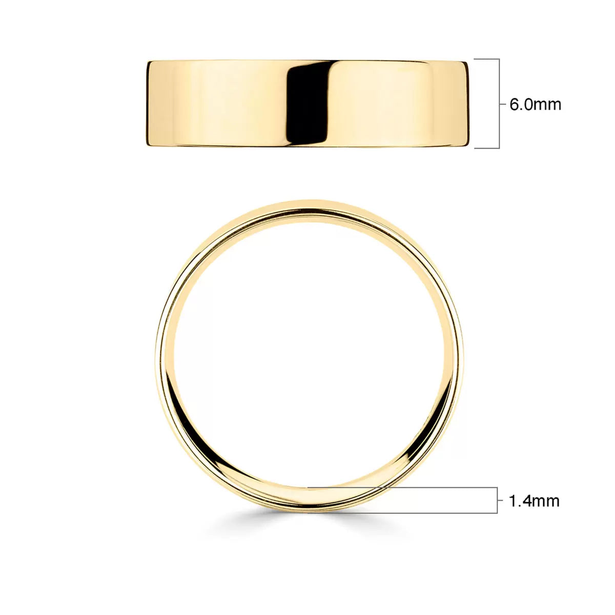 6.0mm Classic Flat Court Wedding Ring, 18ct Yellow Gold