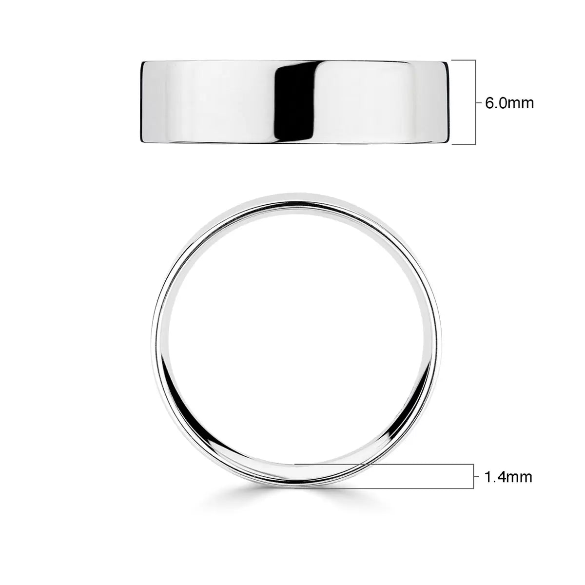 6.0mm Classic Flat Court Wedding Ring, 18ct White Gold