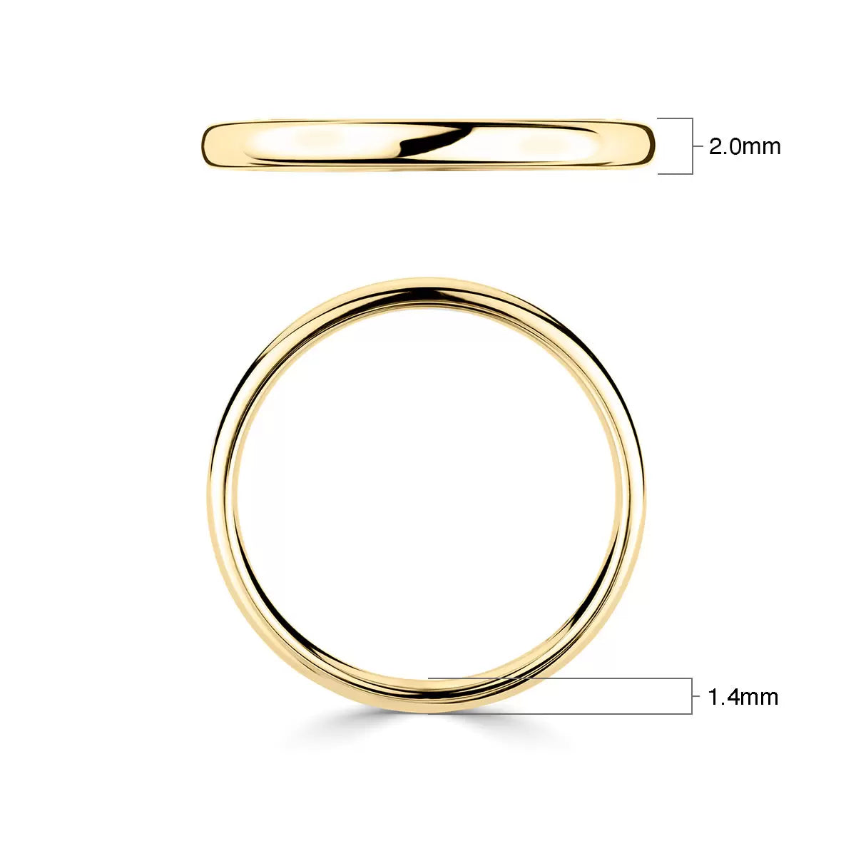 2.0mm Classic Court Wedding Ring, 18ct Yellow Gold