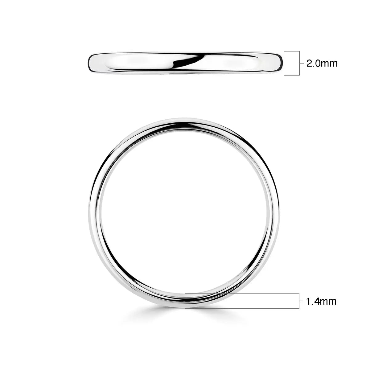 2.0mm Classic Court Wedding Ring, 18ct White Gold
