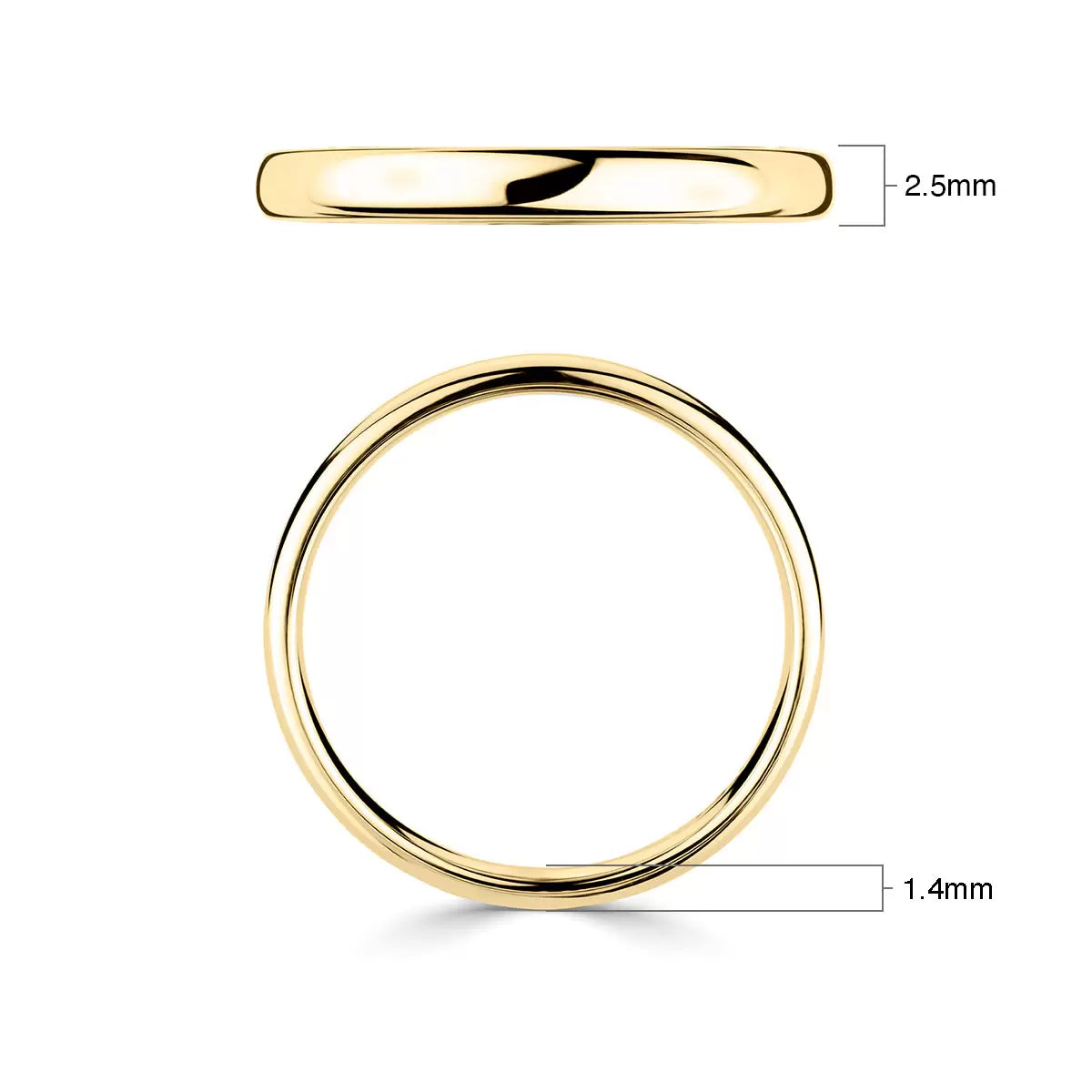 2.5mm Classic Court Wedding Ring, 18ct Yellow Gold
