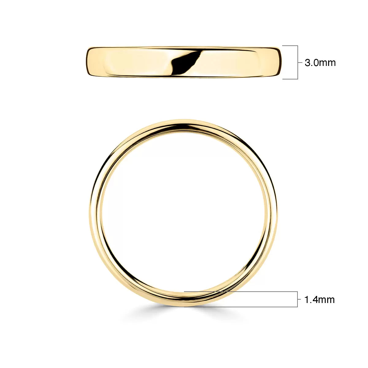 3.0mm Classic Court Wedding Ring, 18ct Yellow Gold