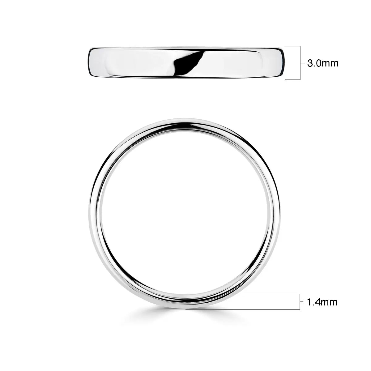 3.0mm Classic Court Wedding Ring, 18ct White Gold
