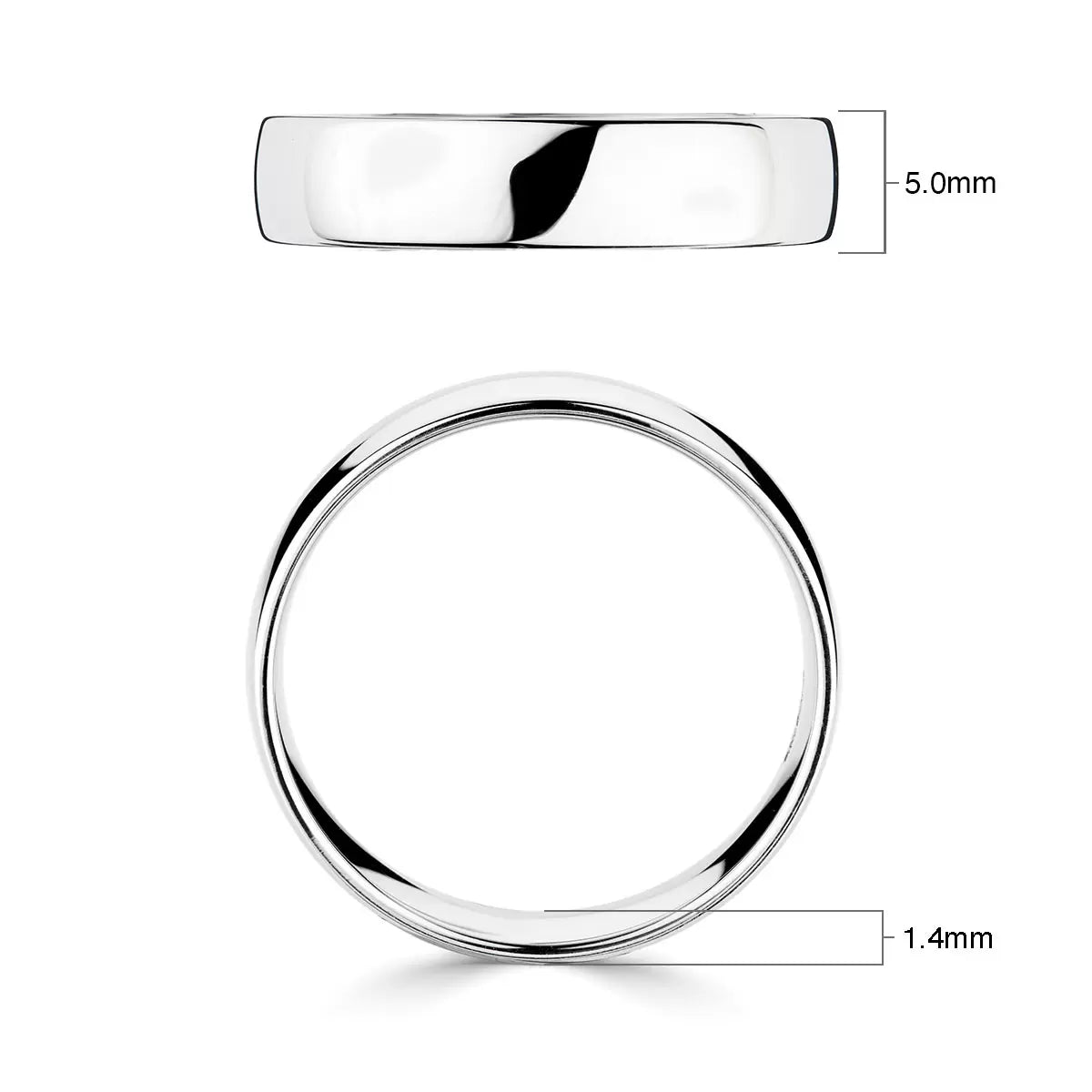 5.0mm Classic Court Wedding Ring, 18ct White Gold