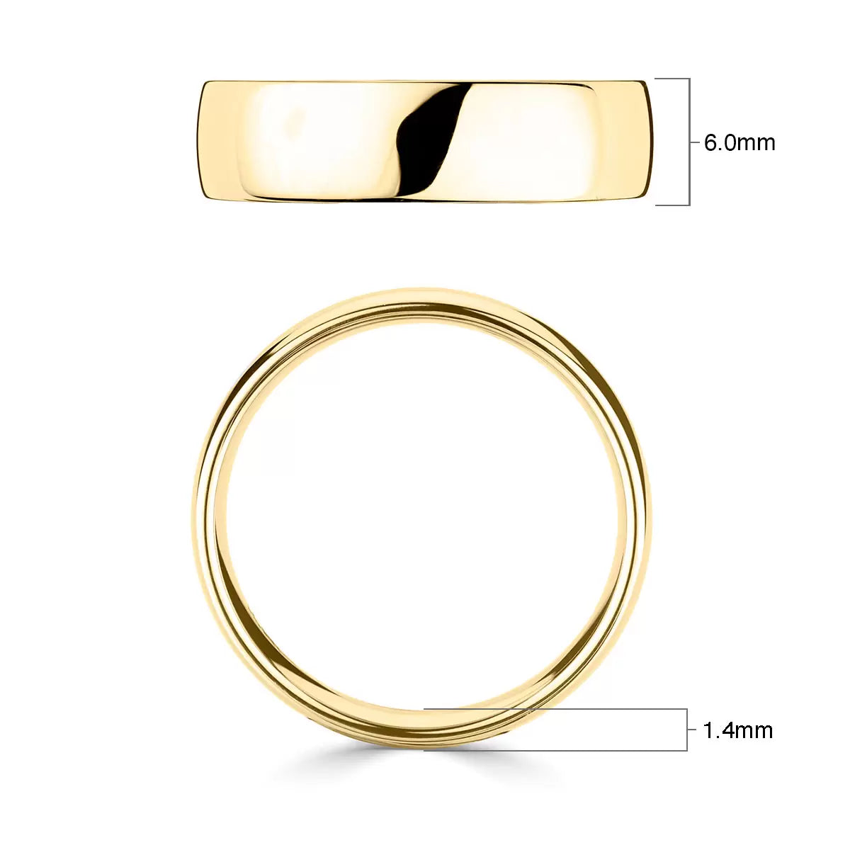 6.0mm Classic Court Wedding Ring, 18ct Yellow Gold