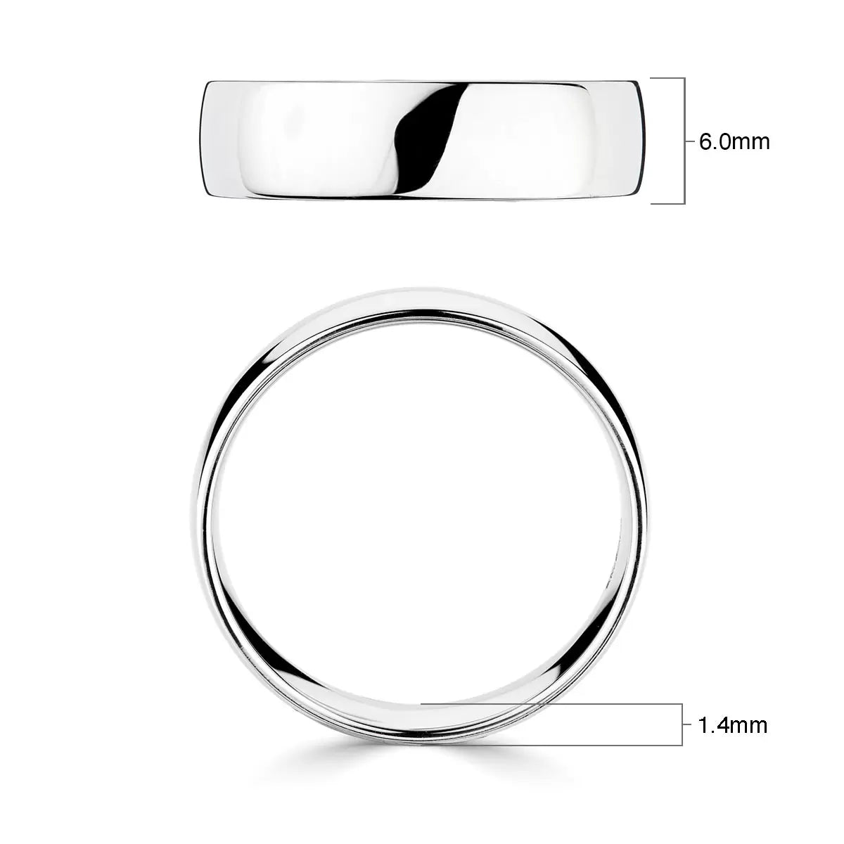 6.0mm Classic Court Wedding Ring, 18ct White Gold