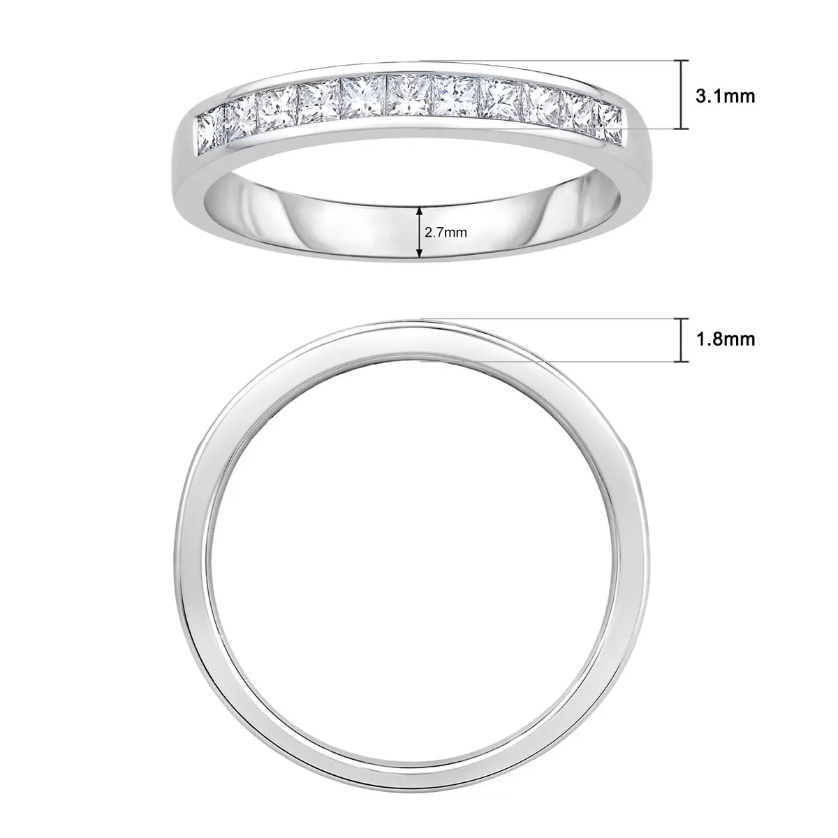 0.50ctw Princess Cut Diamond Half Eternity Ring, 18ct White Gold in 3 Sizes