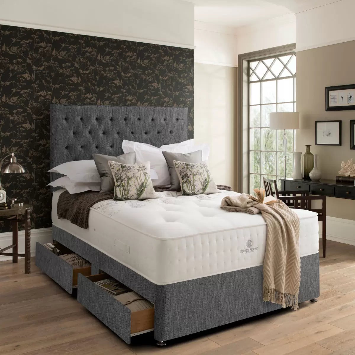 Pocket Spring Bed Company Pemberley Mattress & Light Grey Divan with 4 Drawers, Super King