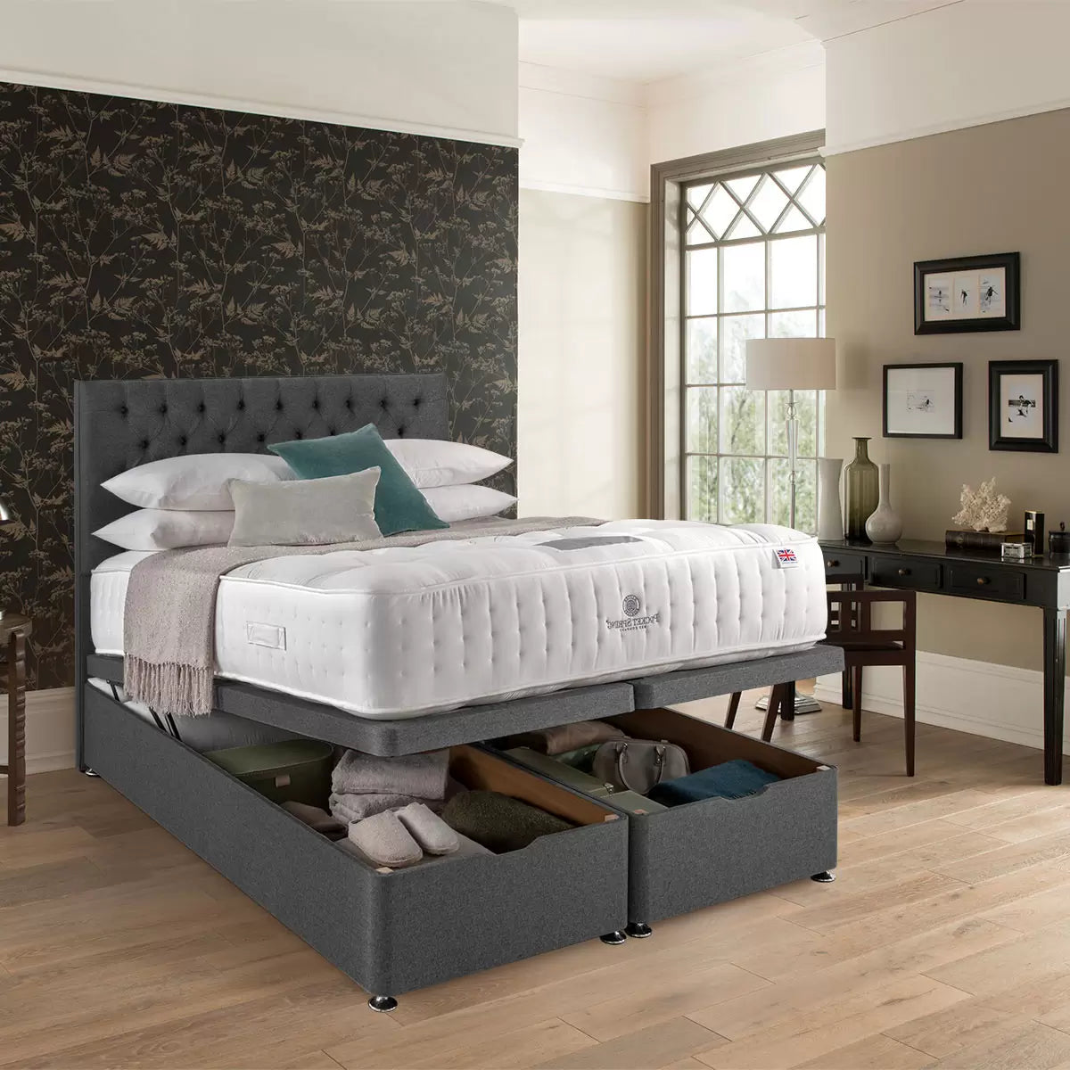 Pocket Spring Bed Company Pemberley Mattress & Grey Full Ottoman Divan in 3