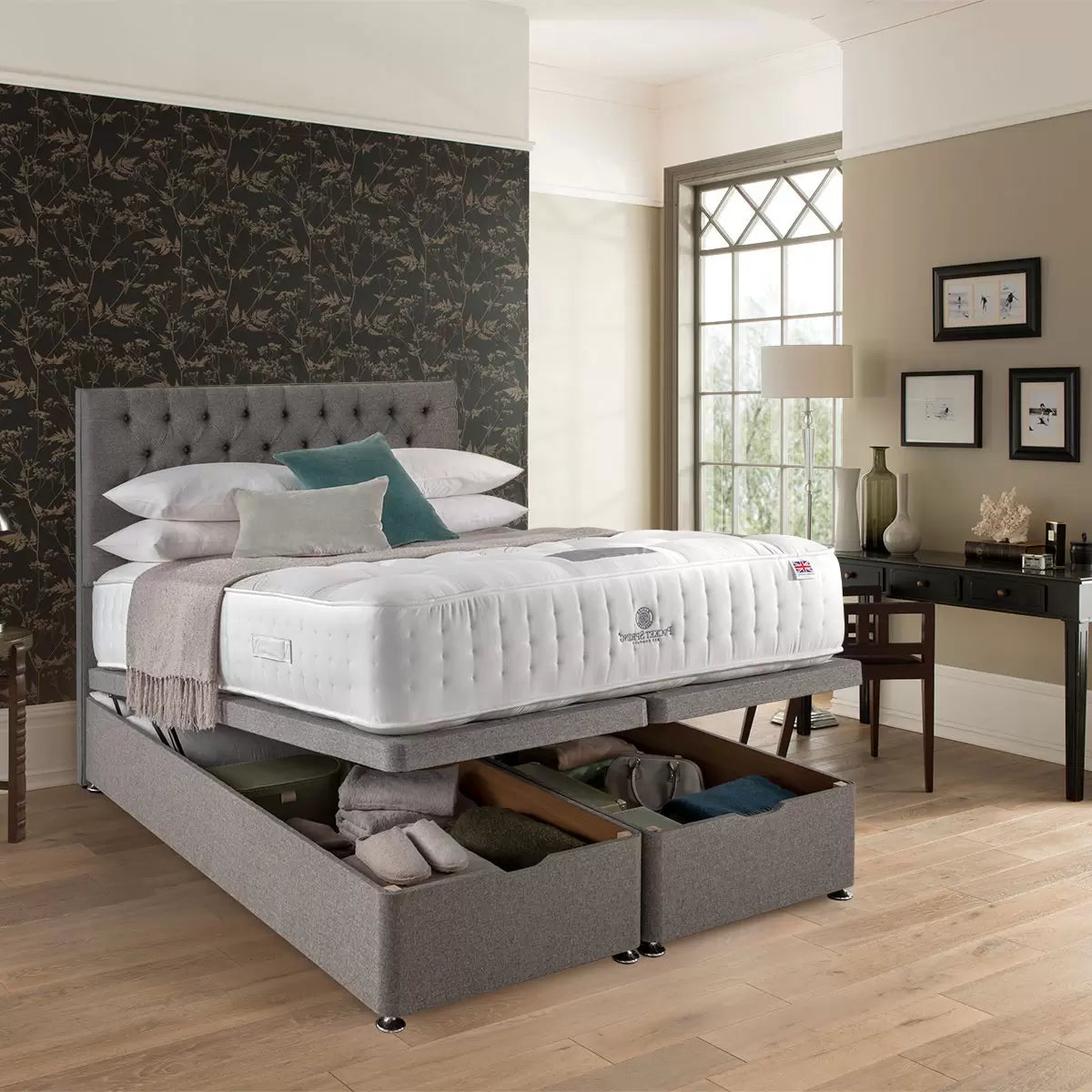 Pocket Spring Bed Company Pemberley Mattress & Light Grey Full Ottoman Divan, Super King