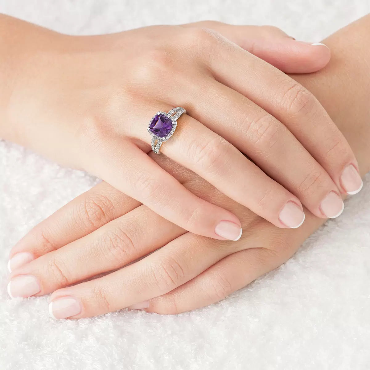 Cushion Cut Amethyst and Diamond Ring, 14ct White Gold