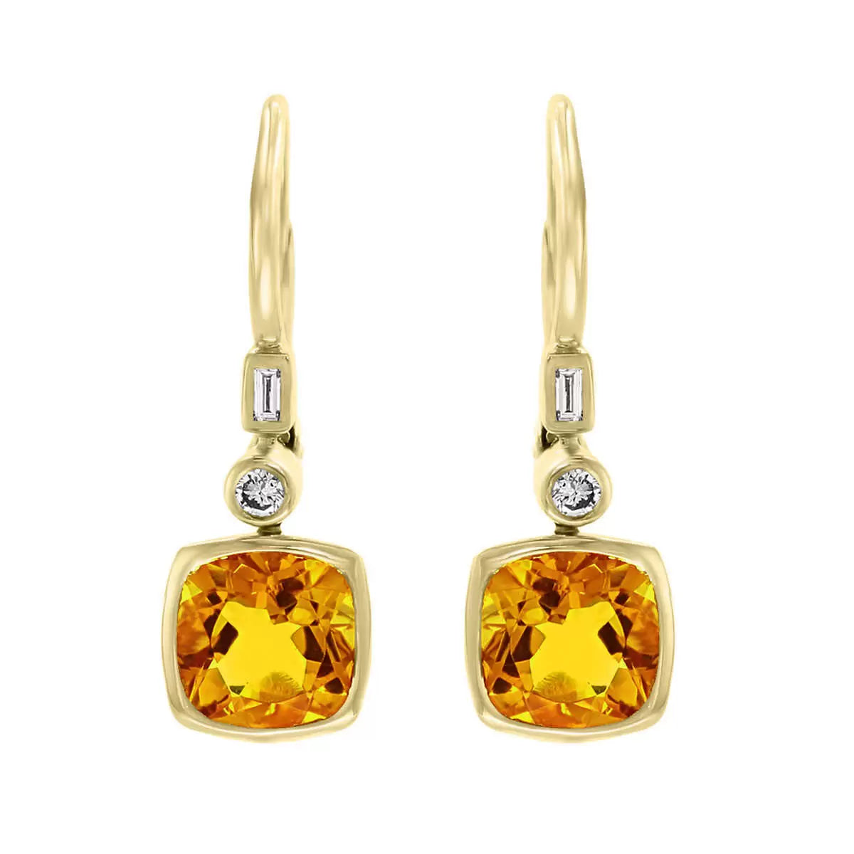 Cushion Cut Citrine & 0.10ctw Diamond Earrings, 14ct Yellow Gold