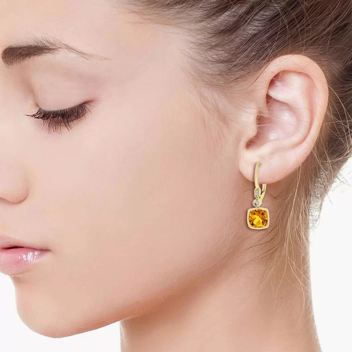 Cushion Cut Citrine & 0.10ctw Diamond Earrings, 14ct Yellow Gold