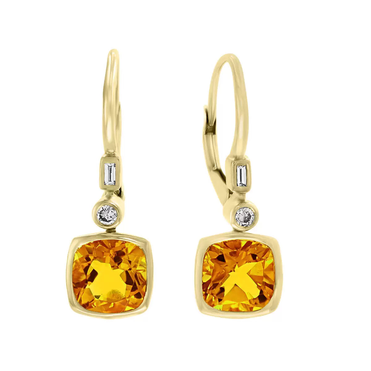 Cushion Cut Citrine & 0.10ctw Diamond Earrings, 14ct Yellow Gold