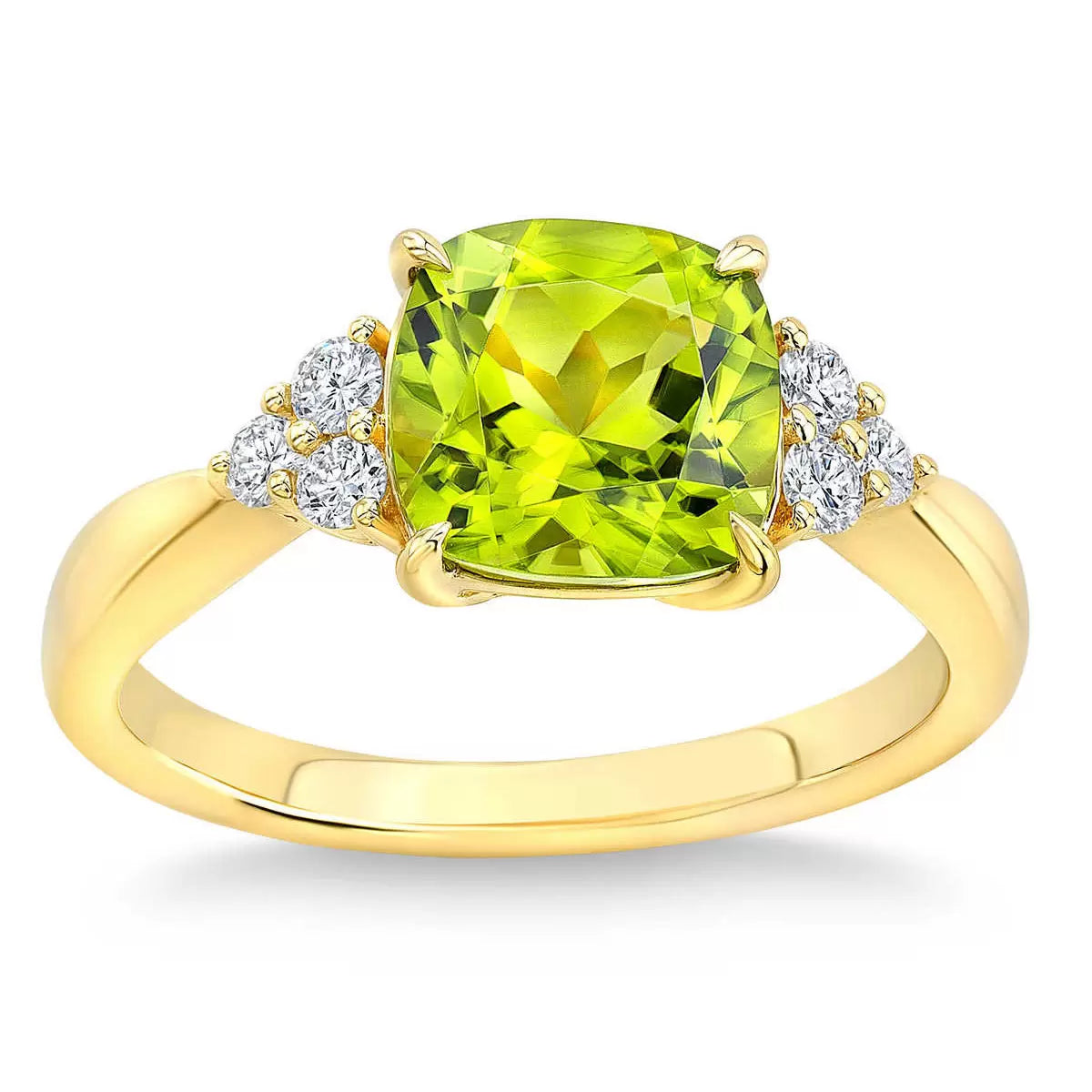 Cushion Cut Peridot & 0.19ctw Diamond Ring, 14ct Yellow Gold