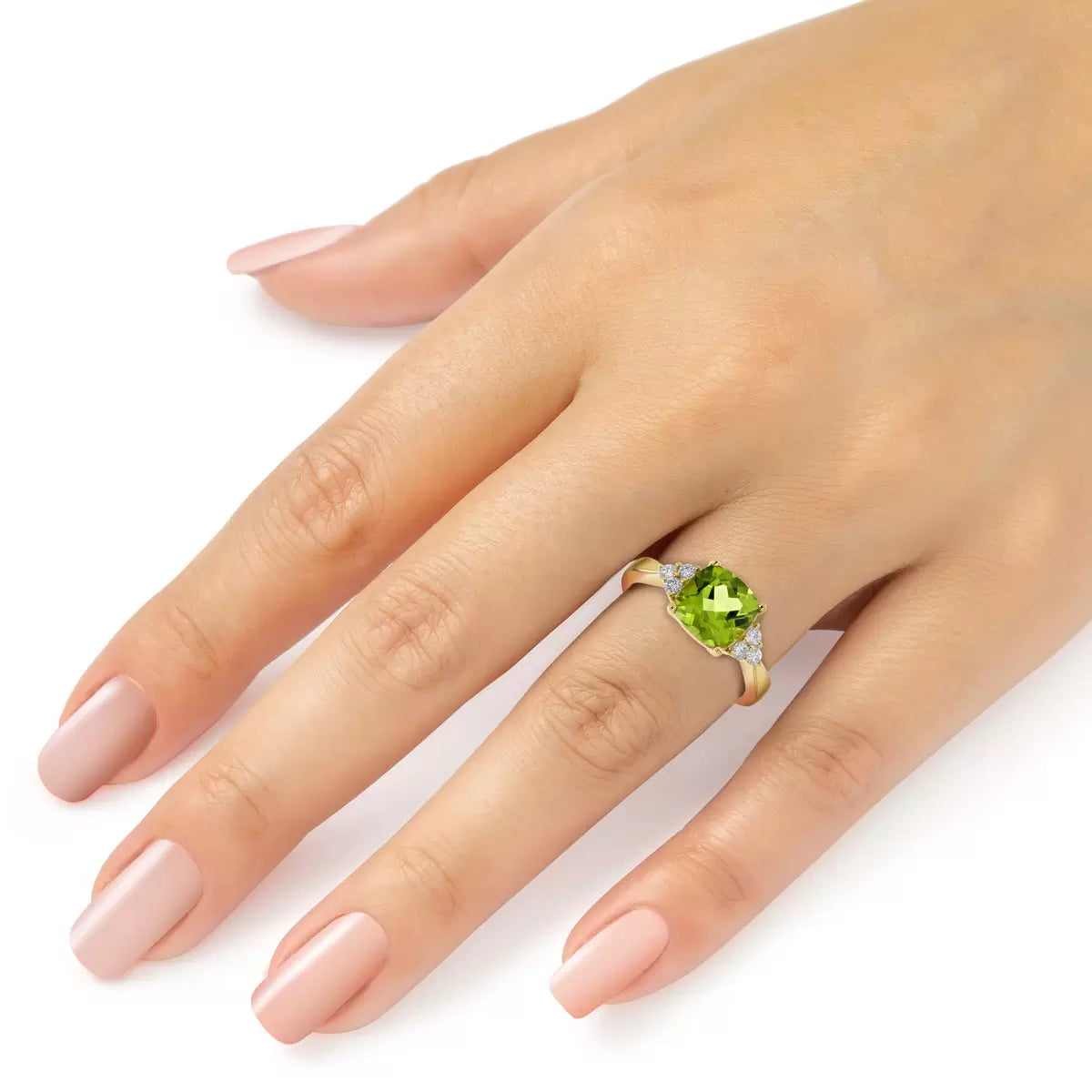 Cushion Cut Peridot & 0.19ctw Diamond Ring, 14ct Yellow Gold