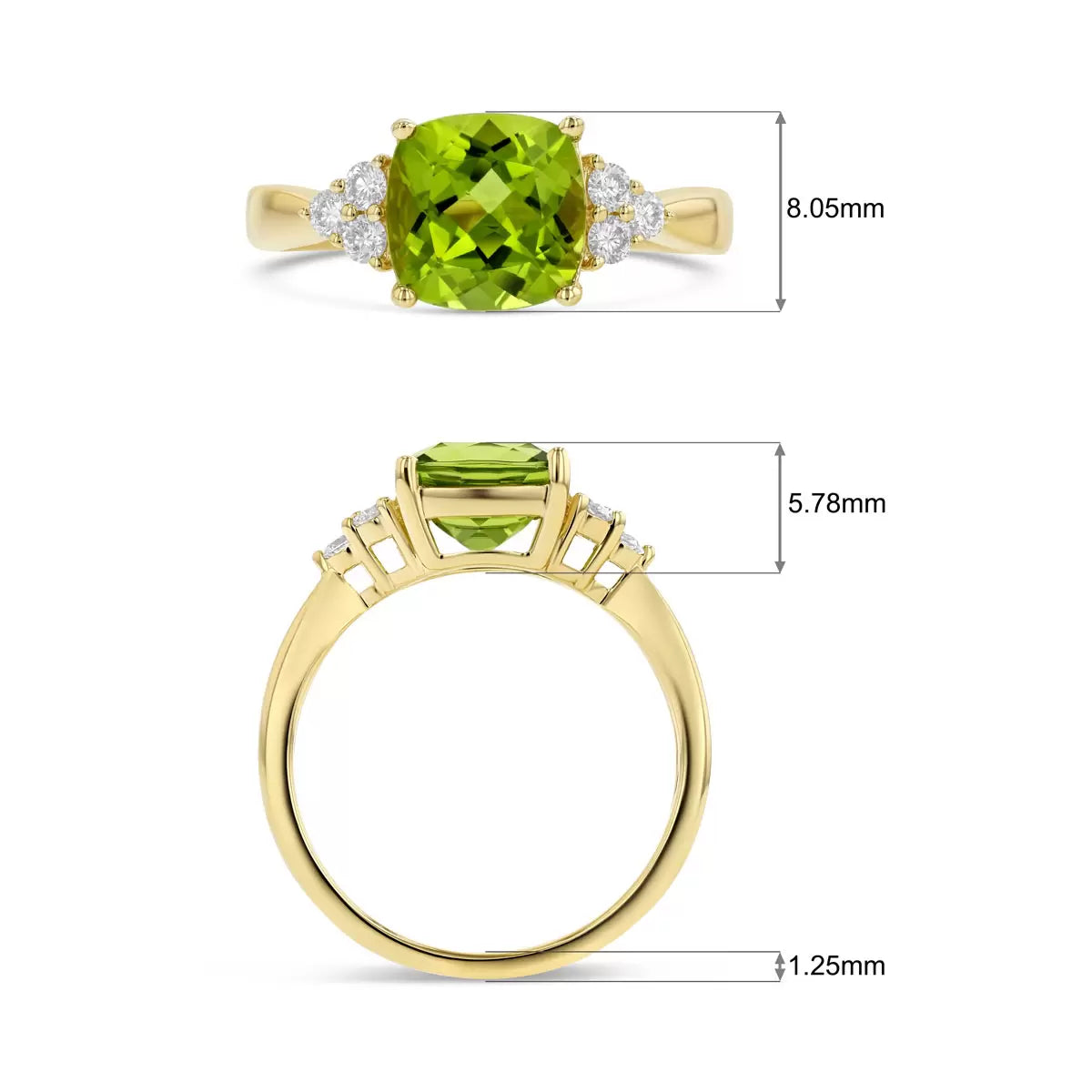 Cushion Cut Peridot & 0.19ctw Diamond Ring, 14ct Yellow Gold