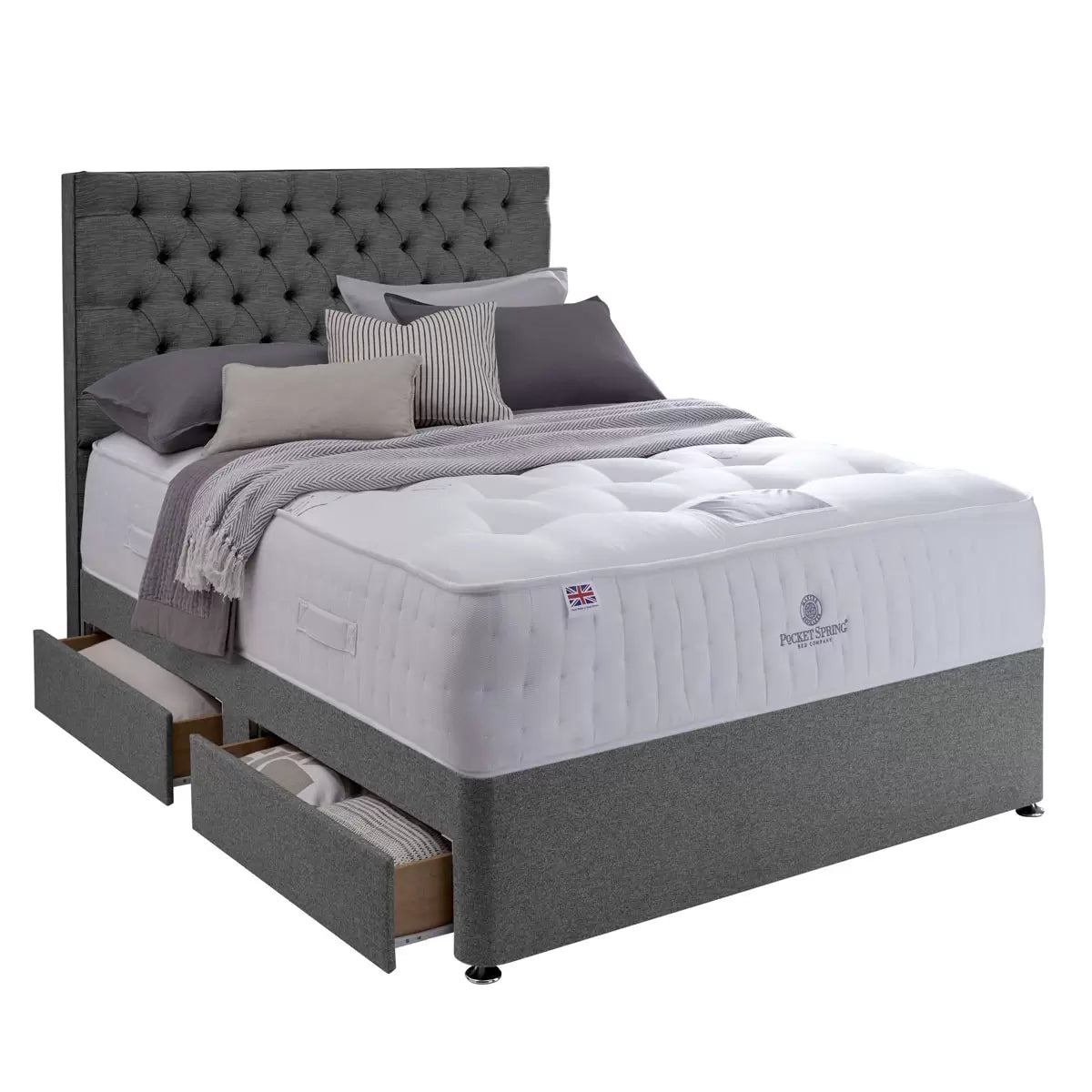 Pocket Spring Bed Company Mulberry Mattress & Sterling Grey 4 Drawer Divan in 3