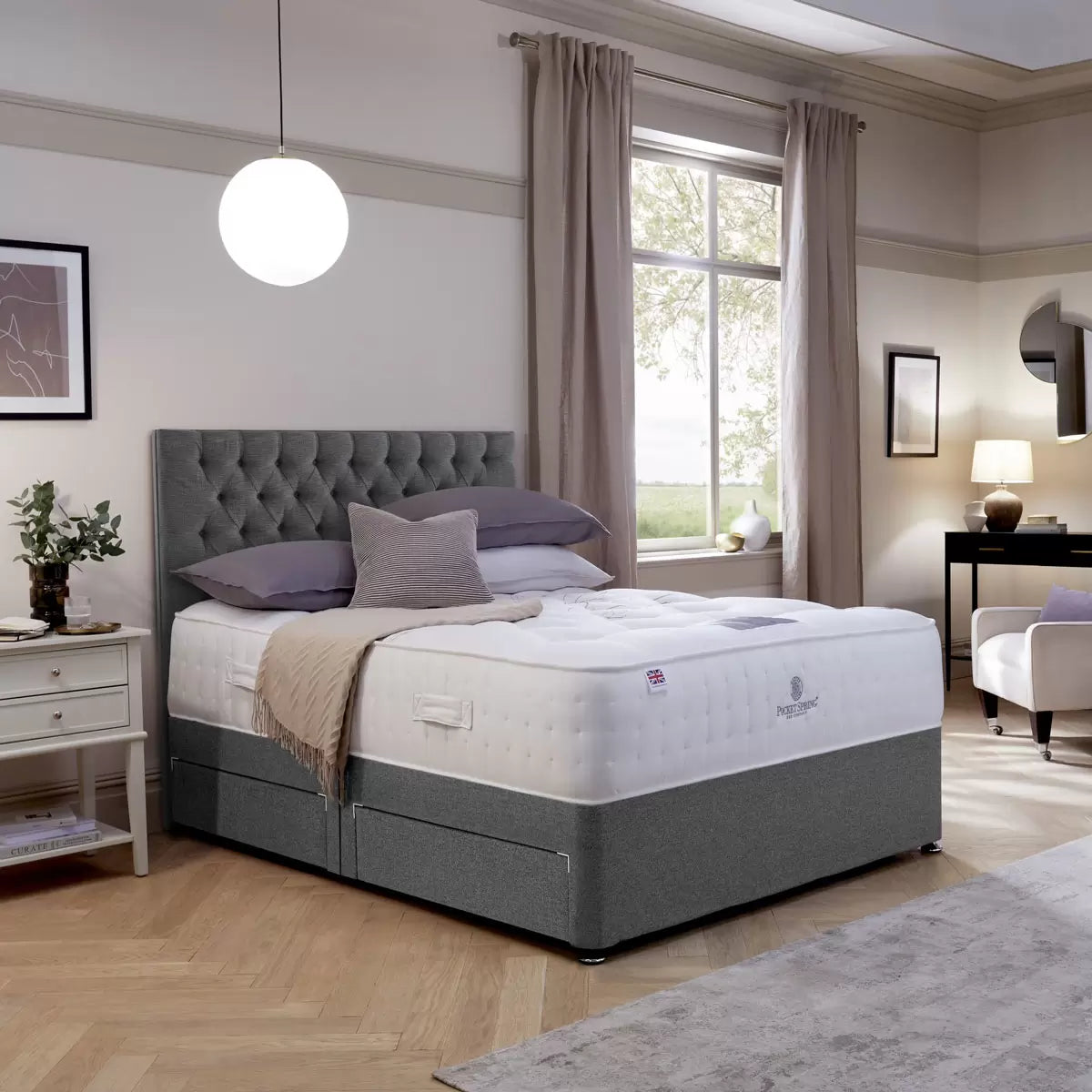 Pocket Spring Bed Company Mulberry Mattress & Sterling Grey 4 Drawer Divan in 3