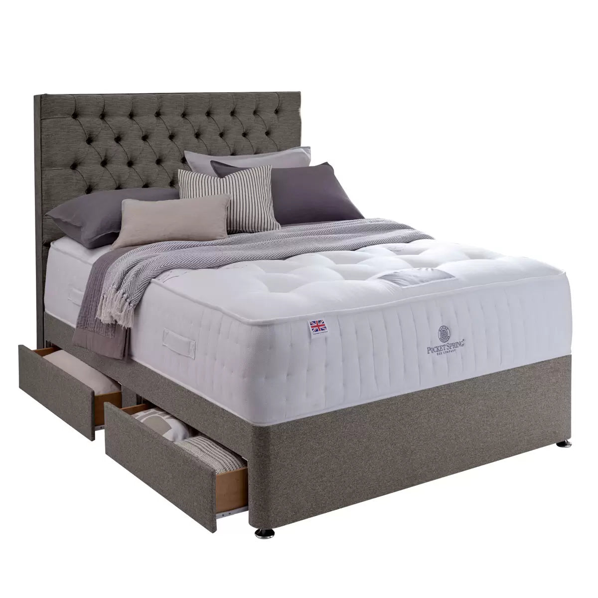Pocket Spring Bed Company Mulberry Mattress & Pebble Grey 4 Drawer Divan in 3