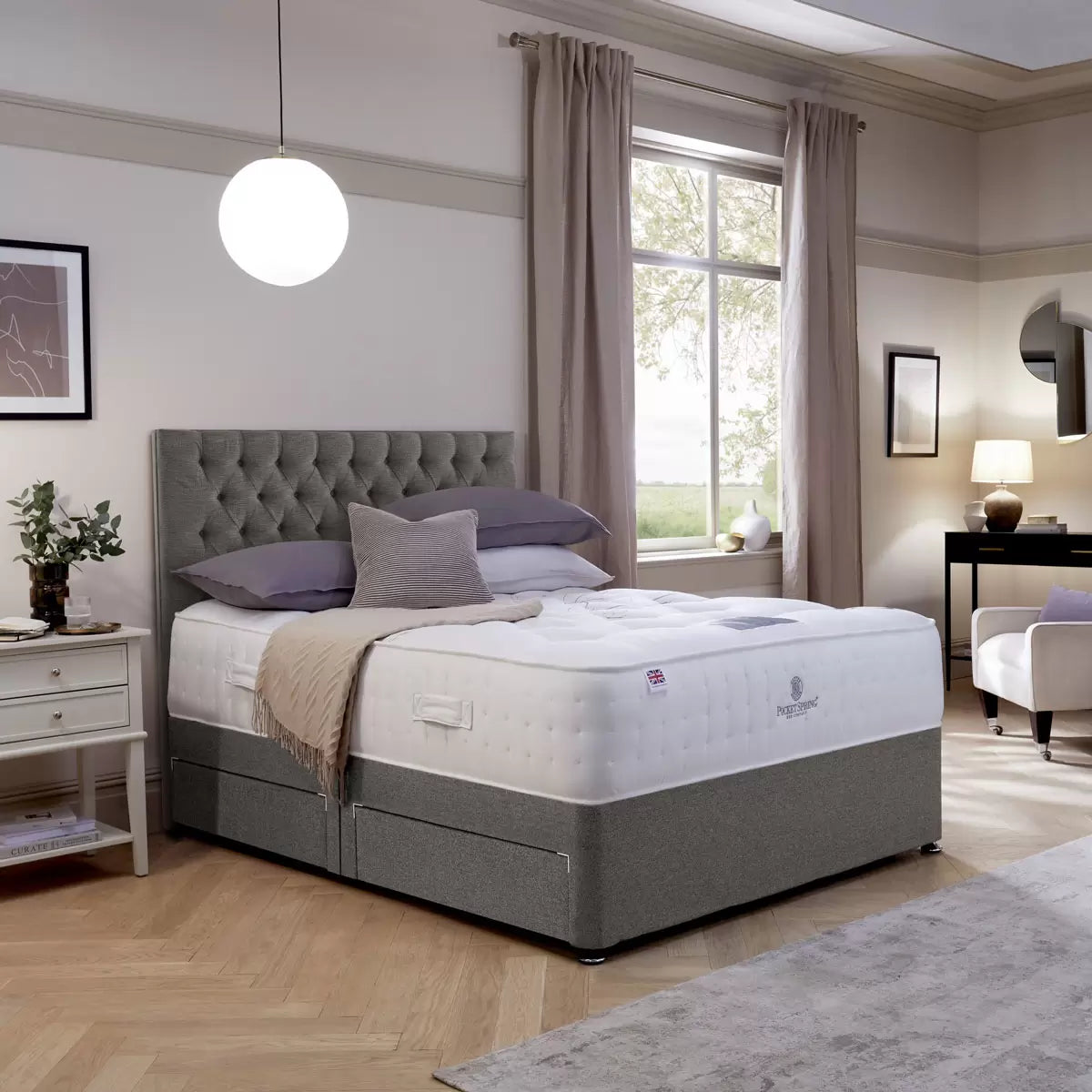 Pocket Spring Bed Company Mulberry Mattress & Pebble Grey 4 Drawer Divan in 3