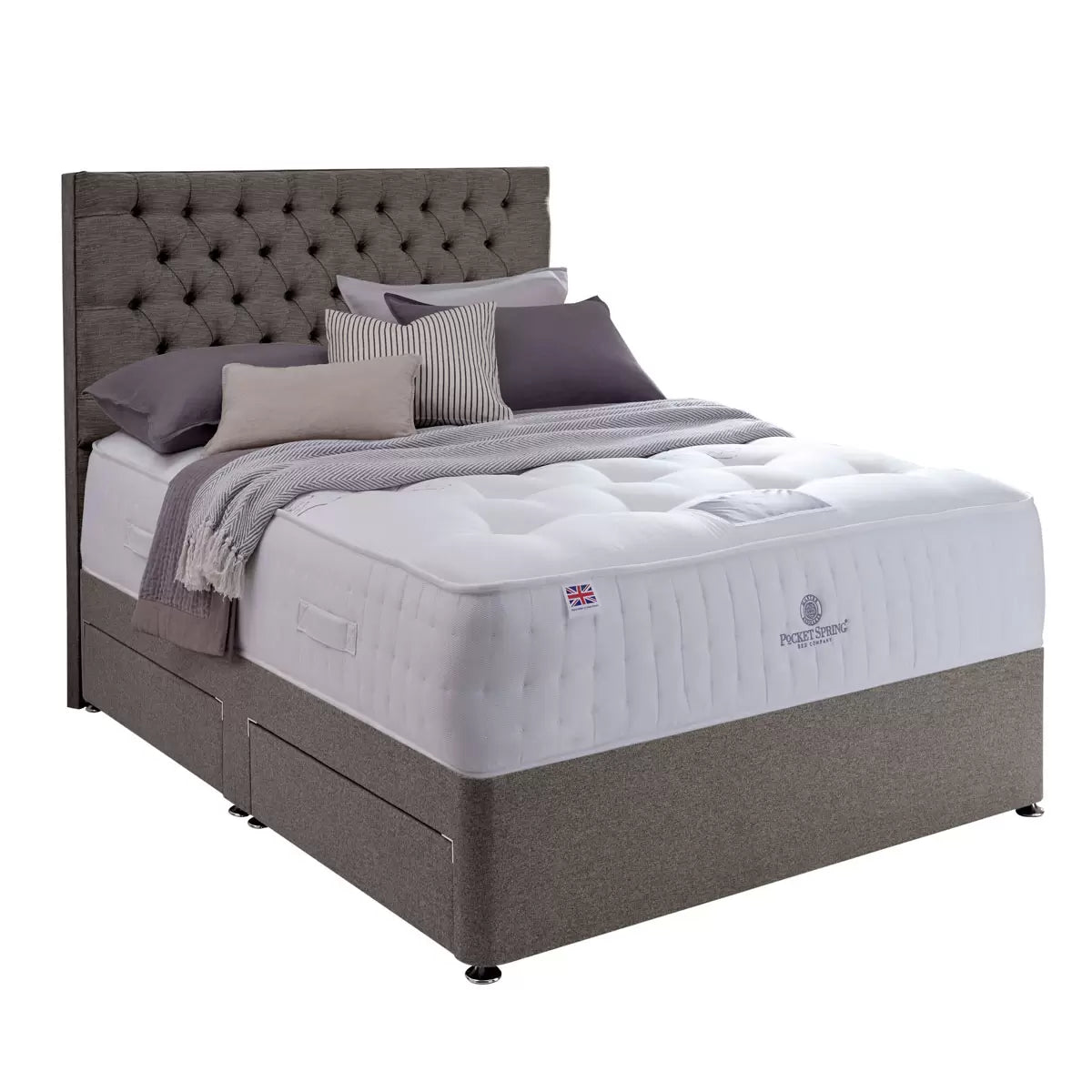Pocket Spring Bed Company Mulberry Mattress & Pebble Grey 4 Drawer Divan in 3