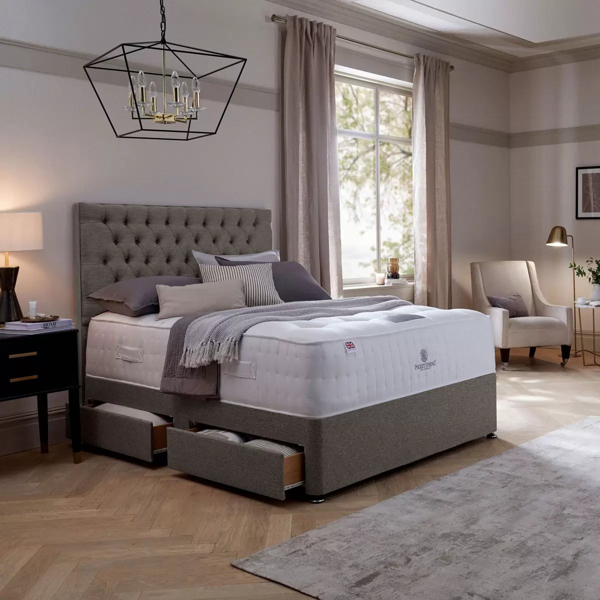 Pocket Spring Bed Company Mulberry Mattress & Pebble Grey 4 Drawer Divan in 3