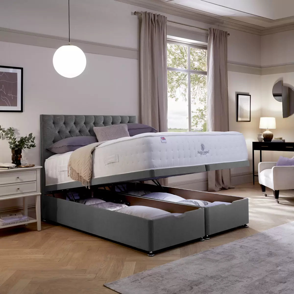 Pocket Spring Bed Company Mulberry Mattress & Sterling Grey Full Ottoman Divan