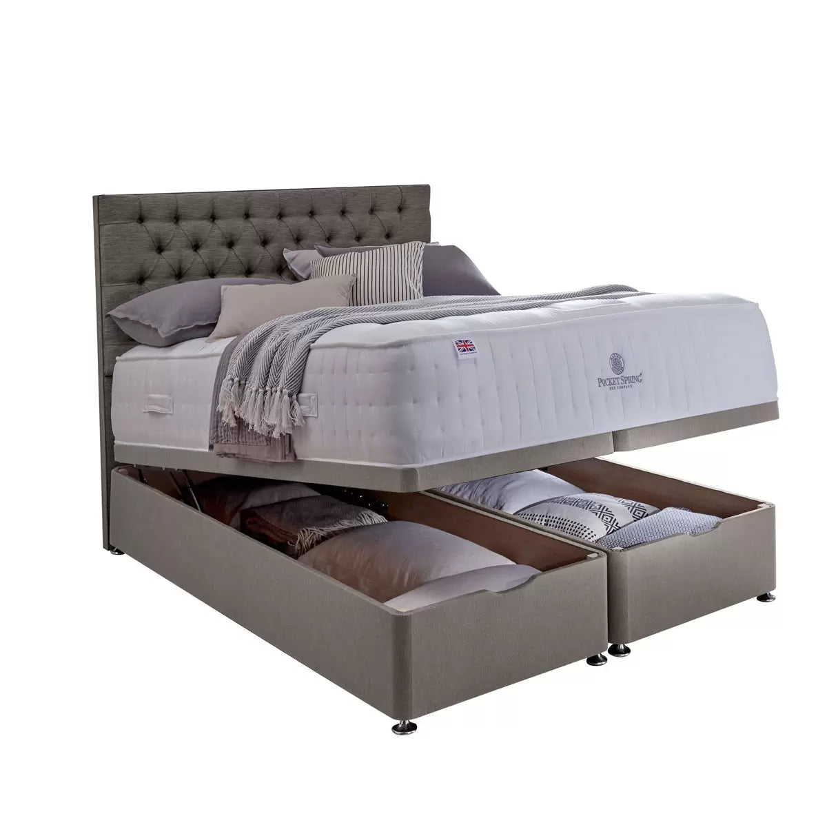 Pocket Spring Bed Company Mulberry Mattress & Pebble Grey Full Ottoman Divan