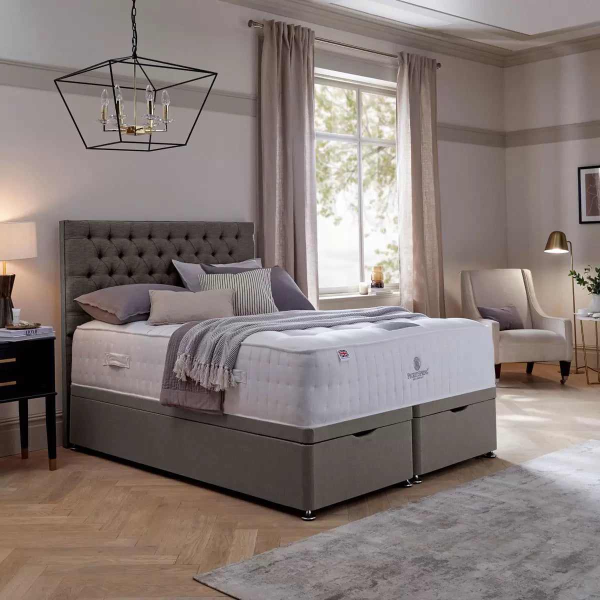 Pocket Spring Bed Company Mulberry Mattress & Pebble Grey Full Ottoman Divan