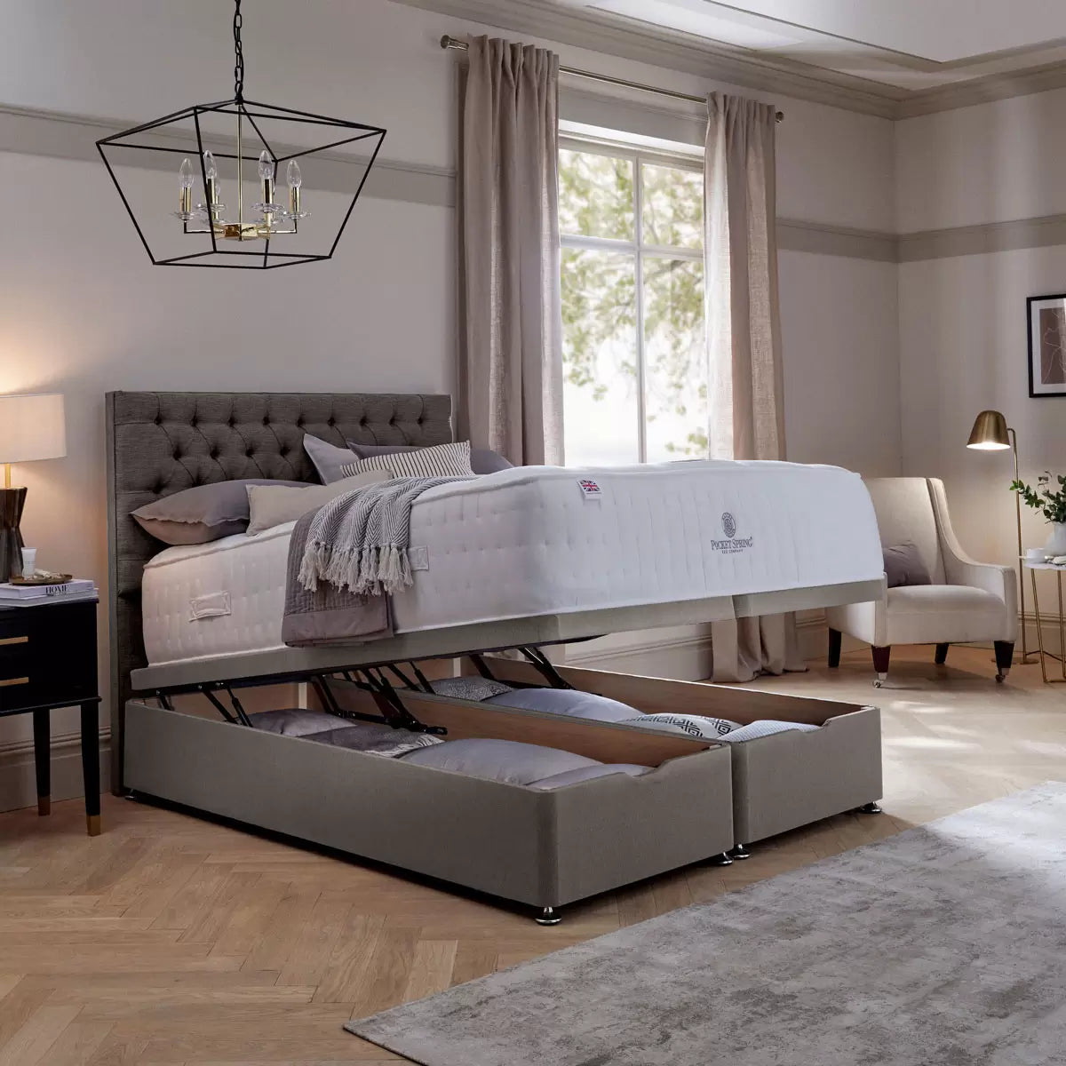 Pocket Spring Bed Company Mulberry Mattress & Pebble Grey Full Ottoman Divan