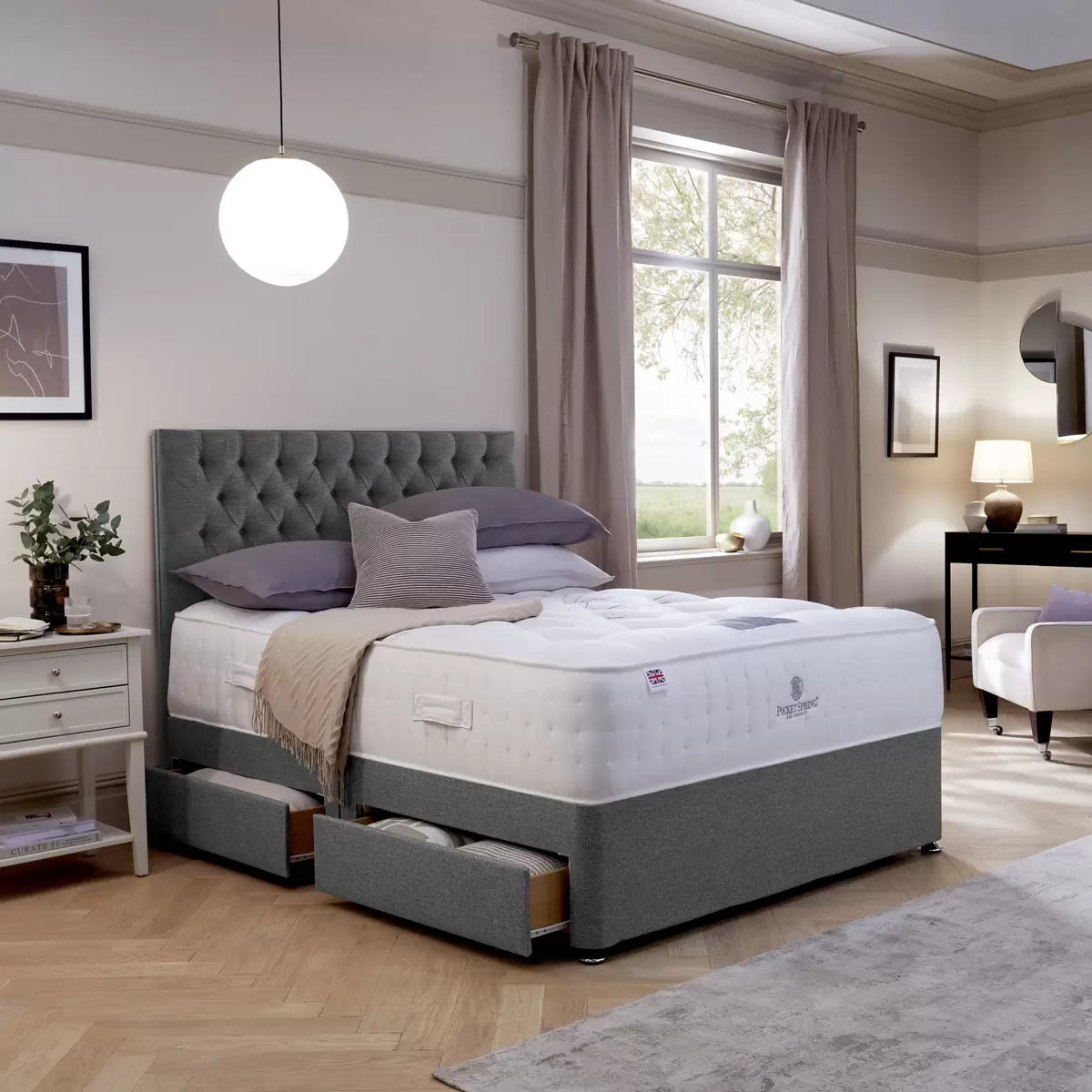 Pocket Spring Bed Company Ravello Grey Fabric Full Height Headboard in 3 Sizes