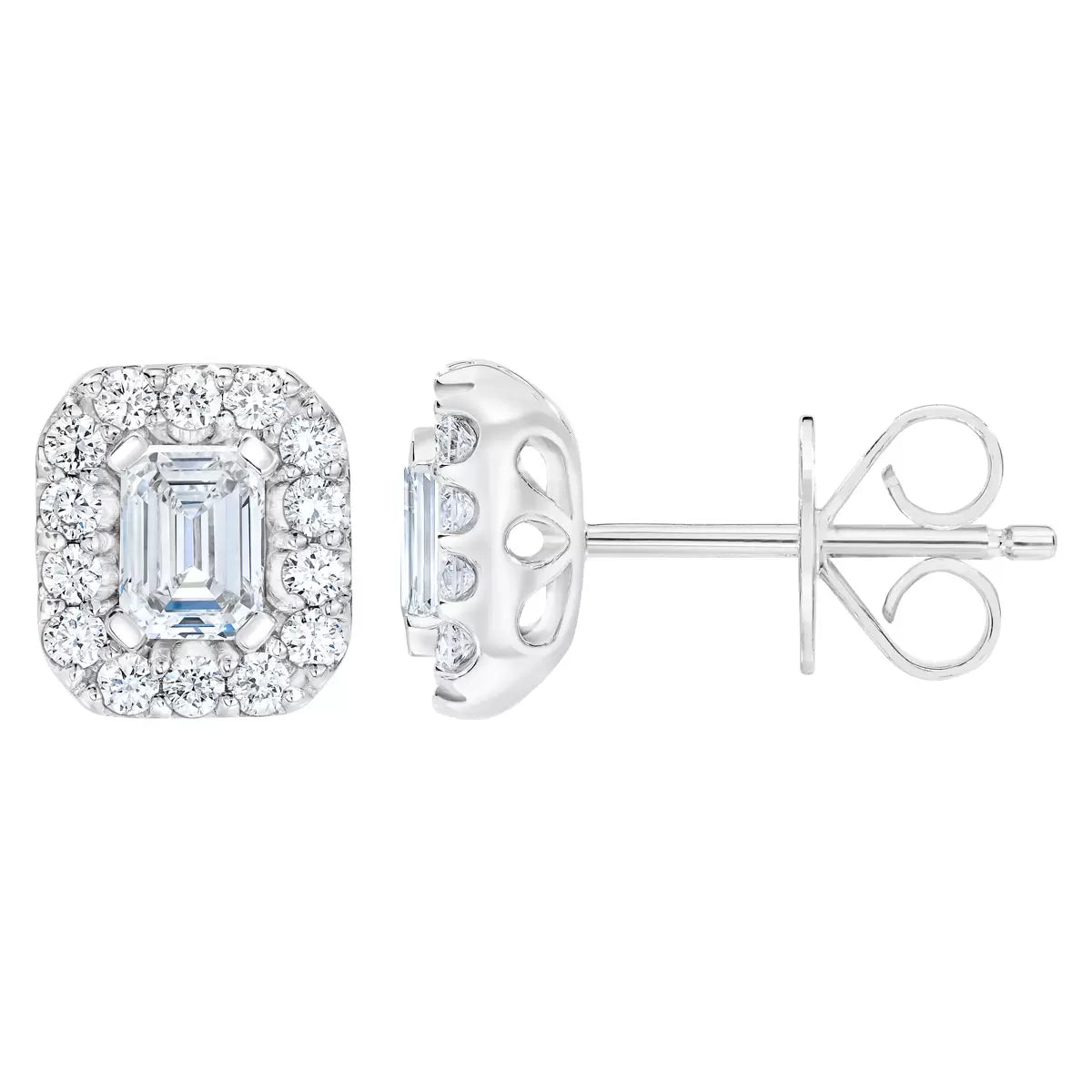 1.00ctw Emerald and Round Brilliant Cut Diamond Halo Stud Earrings, 14ct White