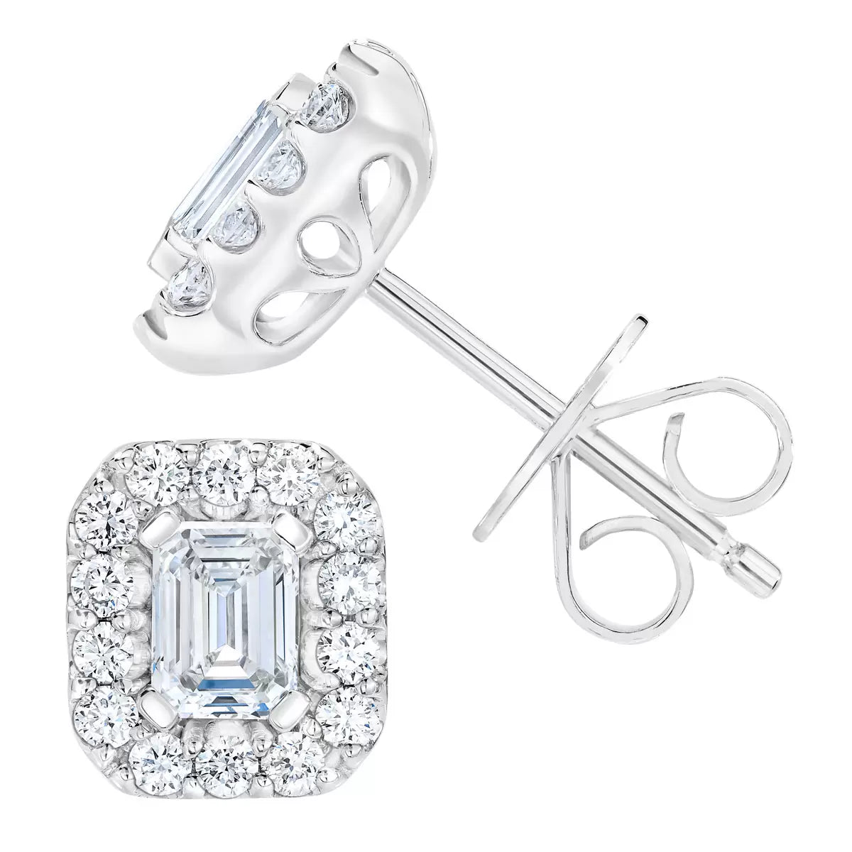 1.00ctw Emerald and Round Brilliant Cut Diamond Halo Stud Earrings, 14ct White