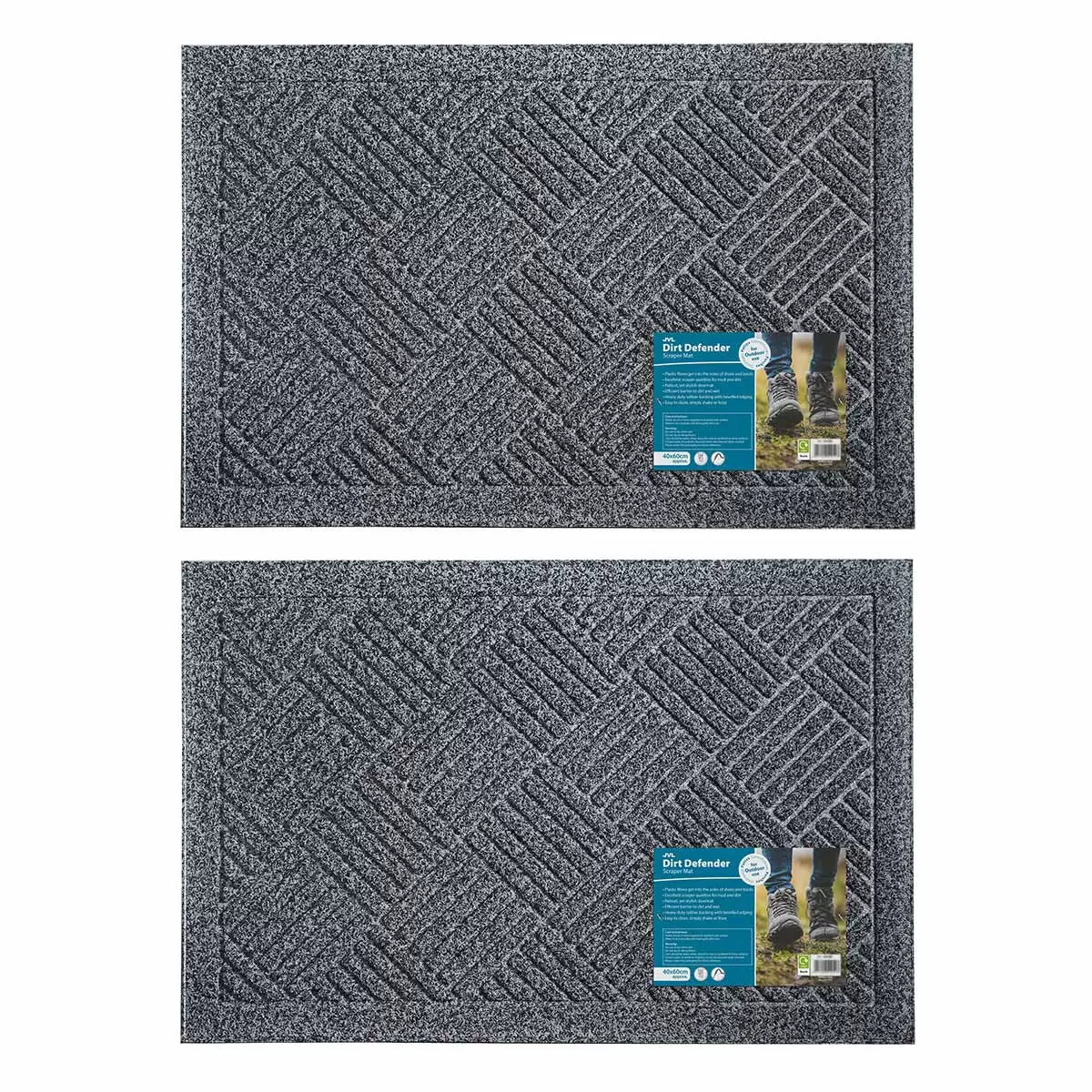 JVL Dirt Defender Door Mat in Grey, 40 x 60 cm - 2 Pack